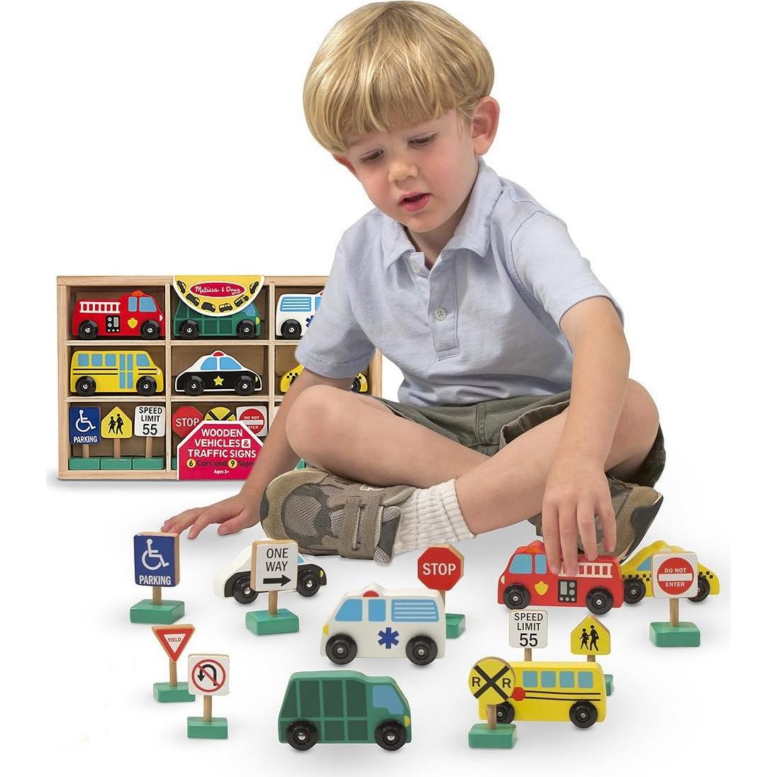 Juego de 6 Vehículos de Madera y 9 Señales de Tráfico Melissa & Doug