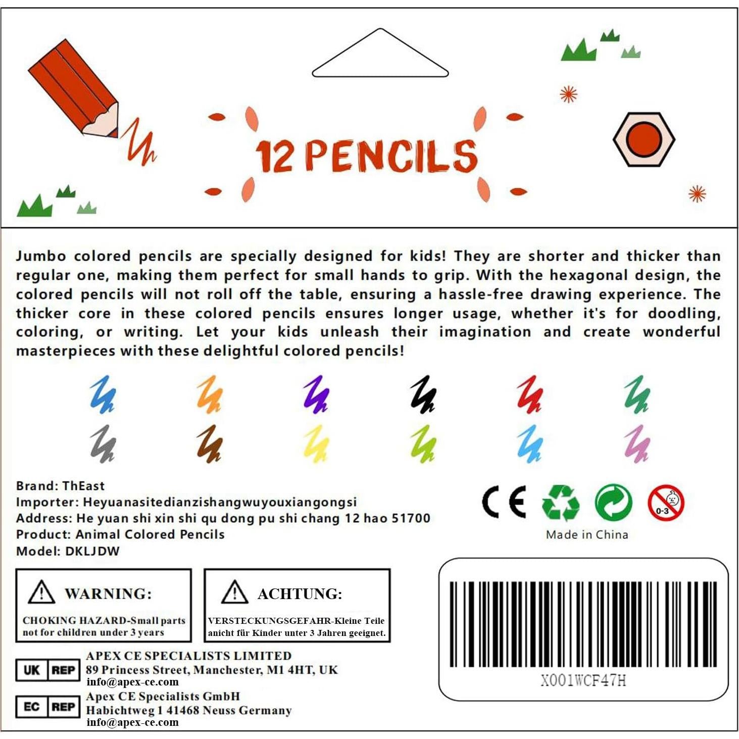 Lápices de Colores Cortos ThEast 12 Animales con Sacapuntas
