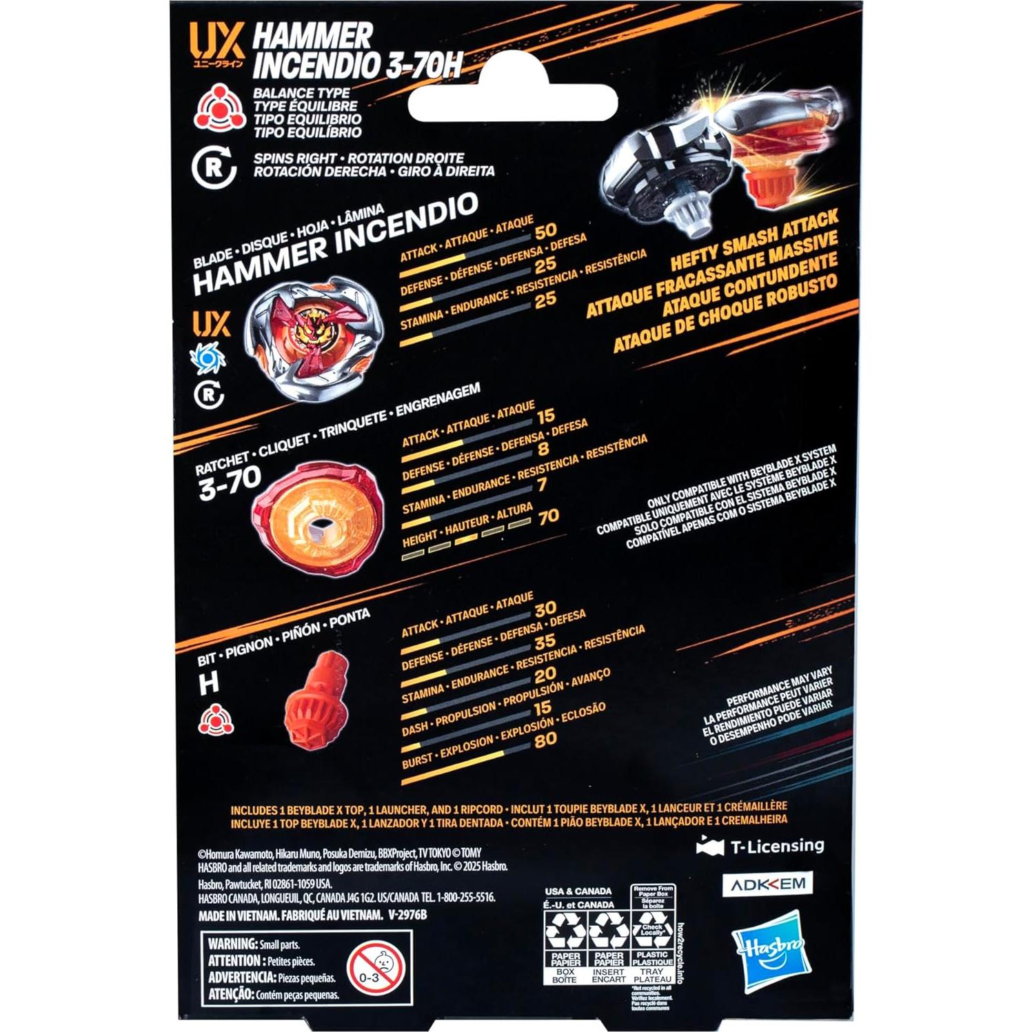 Beyblade X Martillo Incendio 3-70H UX con Lanzador - Juguete de Batalla