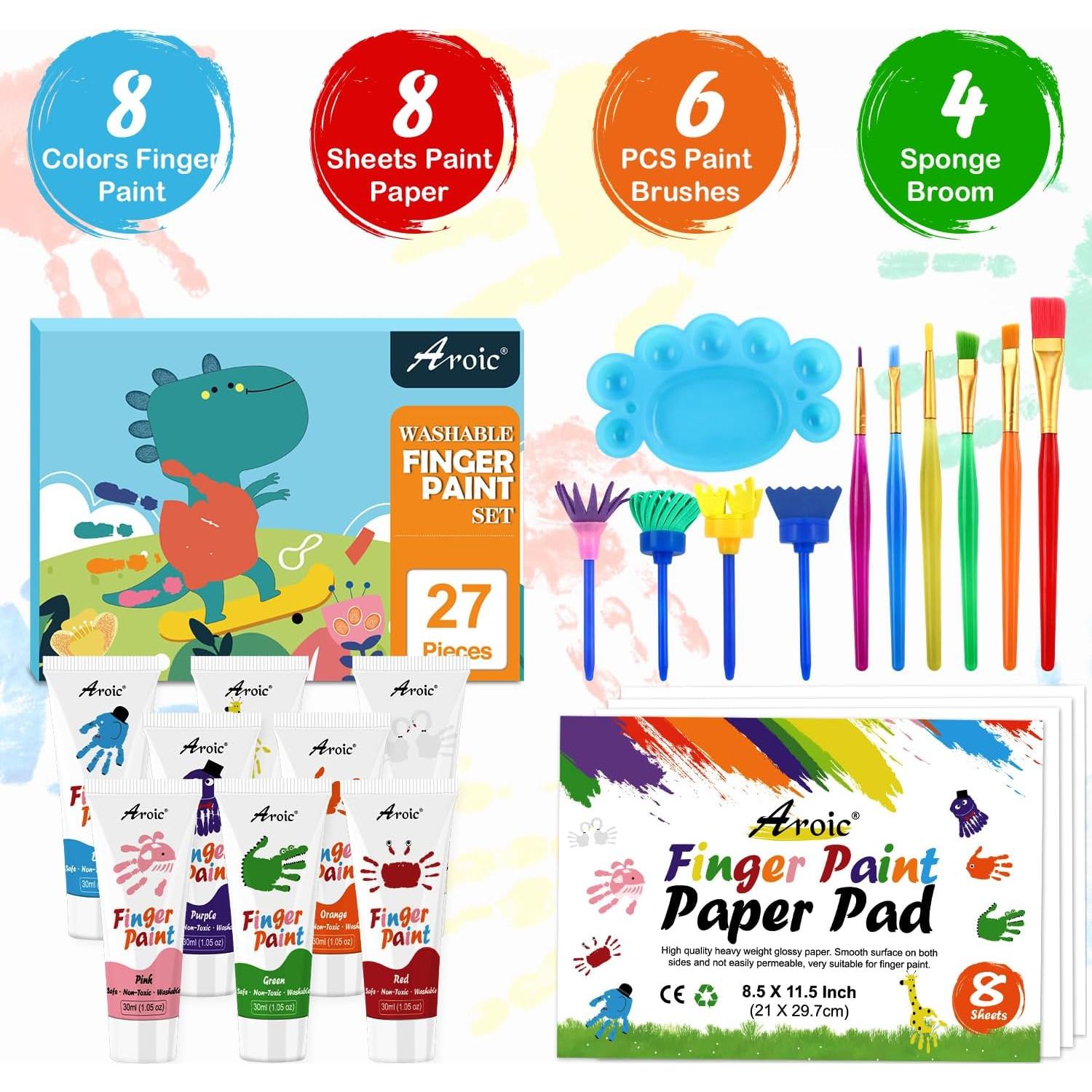Juego de Pintura de Dedos AROIC 27 Piezas Lavable 8 Colores