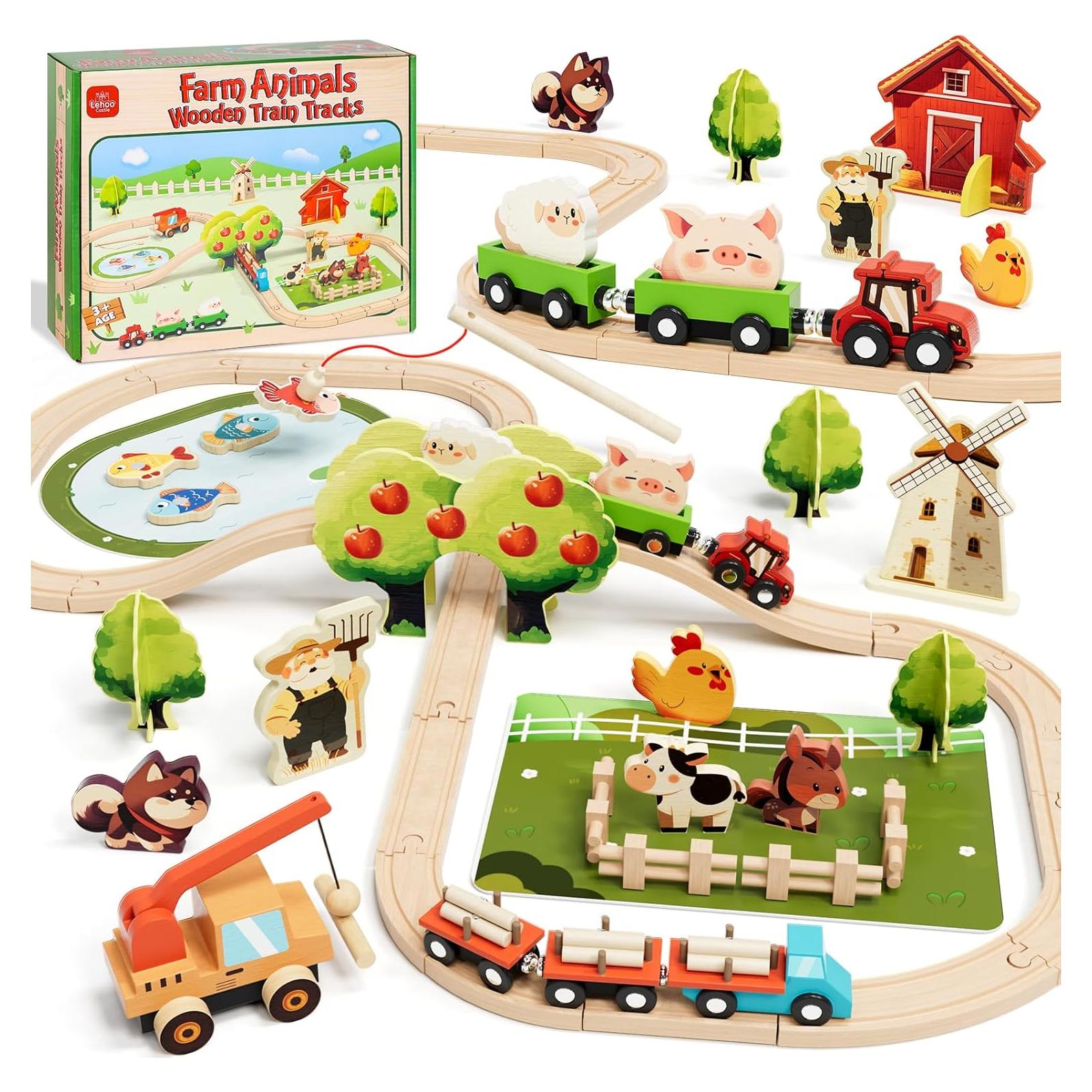 Juego de Tren de Madera Lehoo Castle 72 Piezas para Niños 3-5 Años