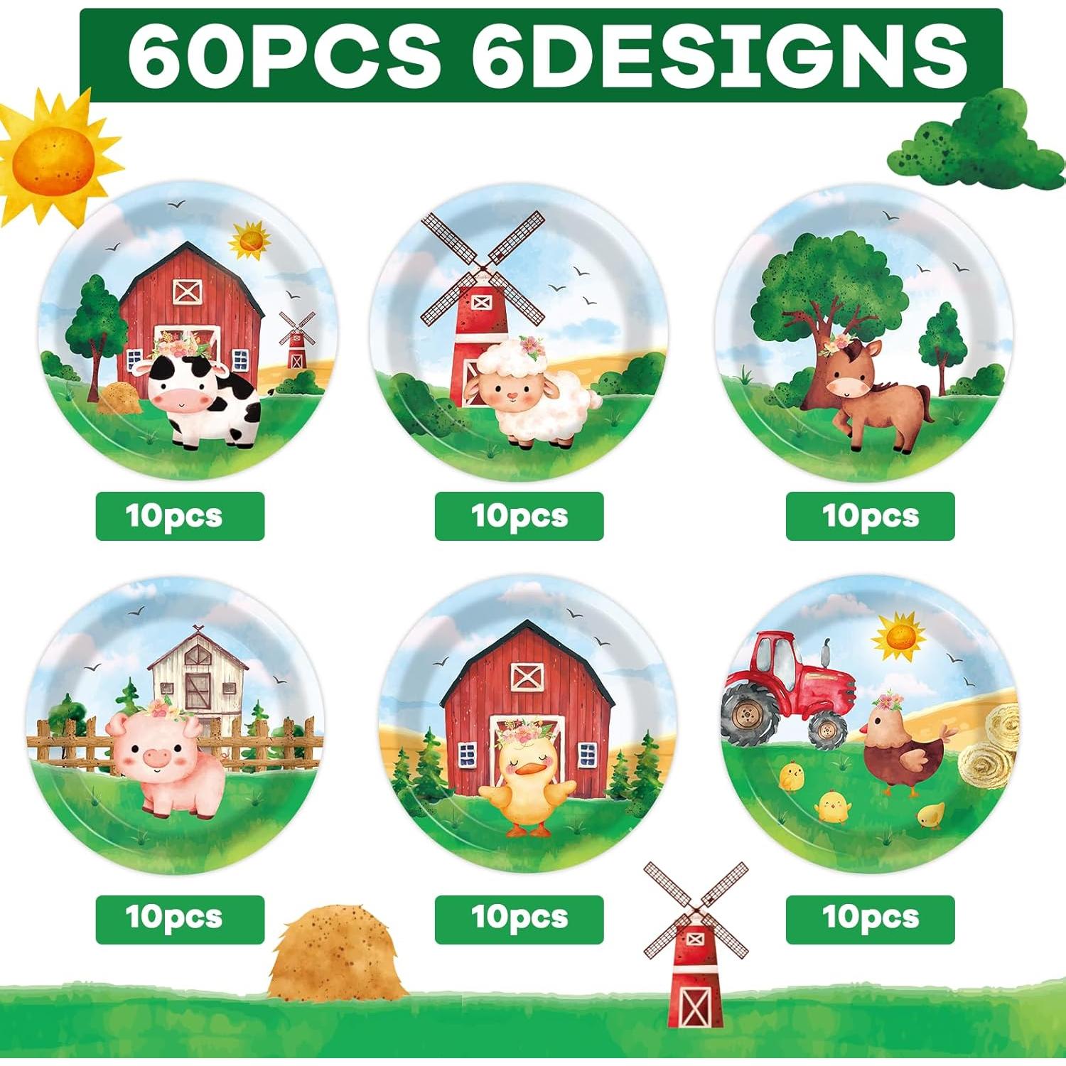 60 Platos de Papel Animales de Granja Justforjoyful 17.8 cm