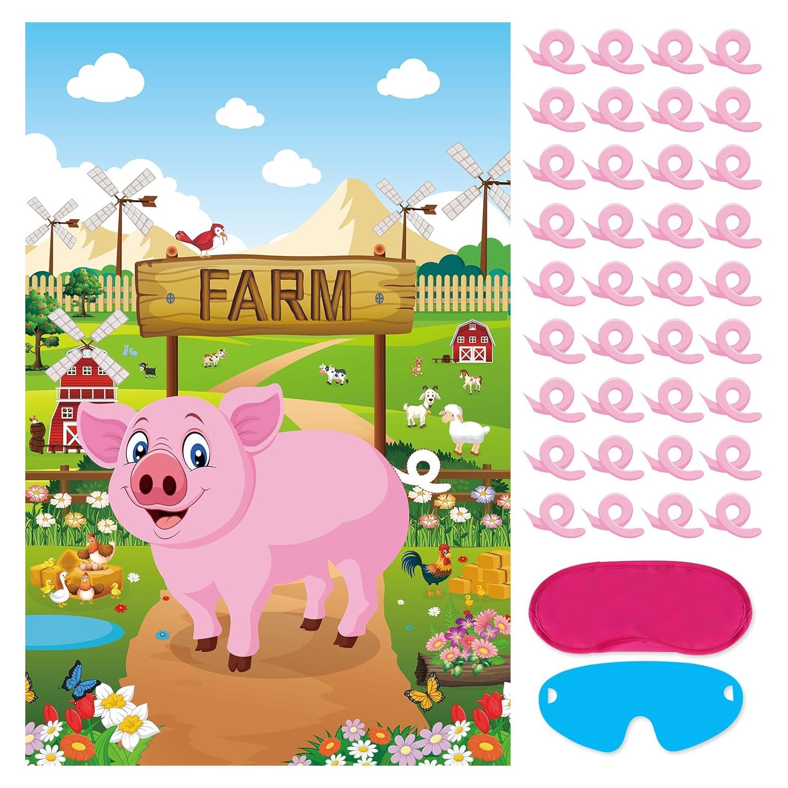 Juego de Fiesta Clavar la Cola Hooqict Cerdo con Póster y Pegatinas