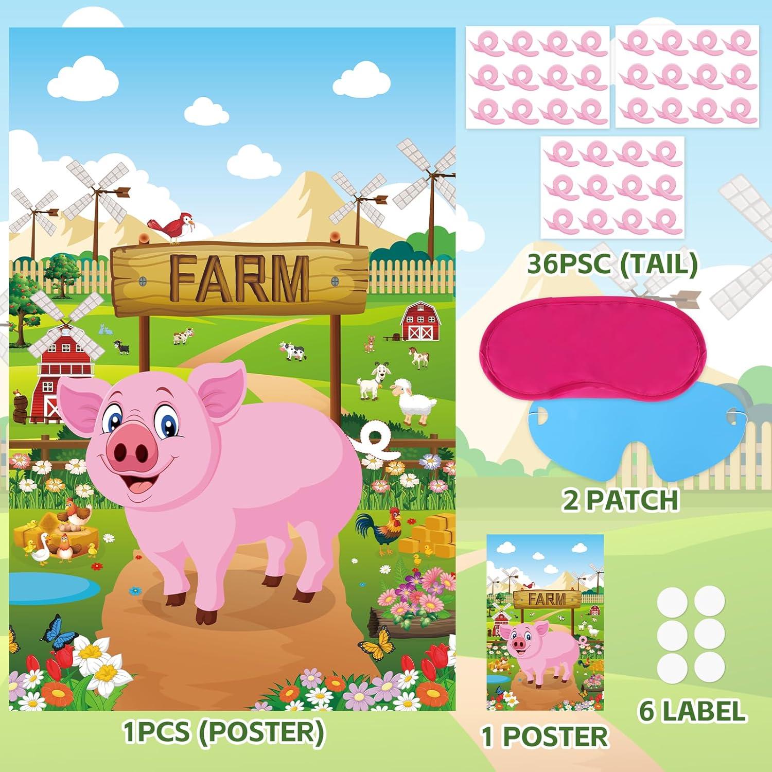 Juego de Fiesta Clavar la Cola Hooqict Cerdo con Póster y Pegatinas