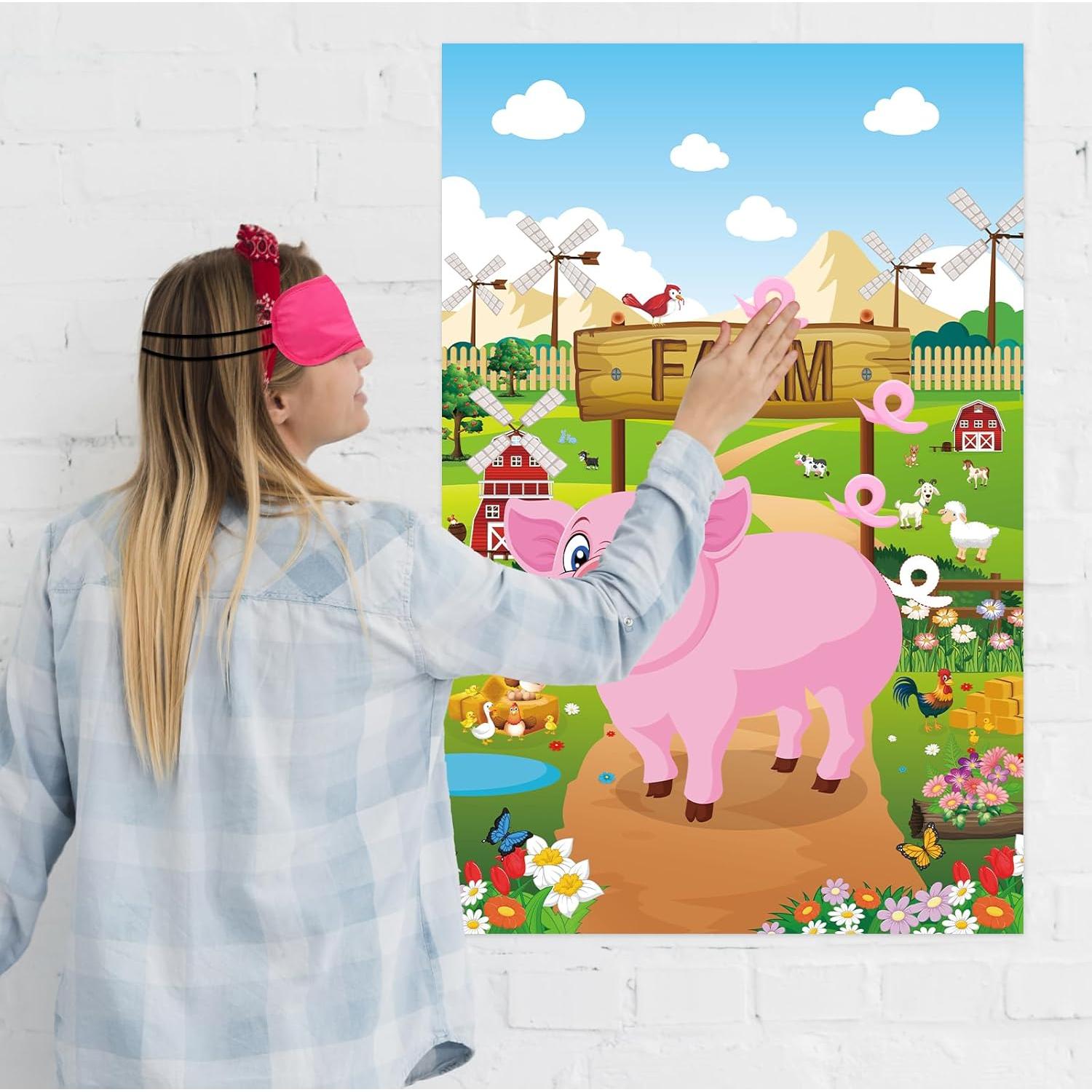 Juego de Fiesta Clavar la Cola Hooqict Cerdo con Póster y Pegatinas