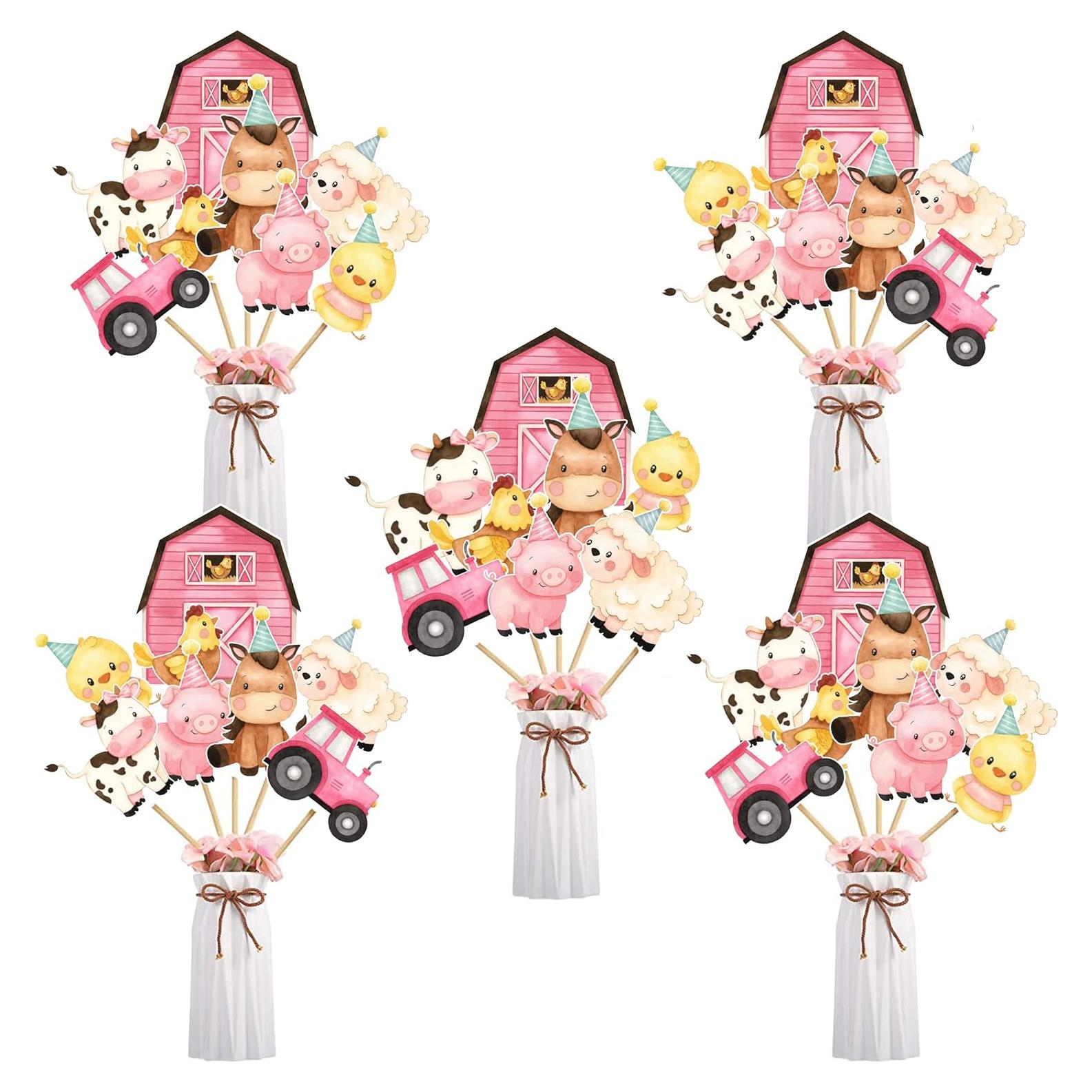 Palillos de Centro de Mesa Rosa Animales de Granja 24 Pcs