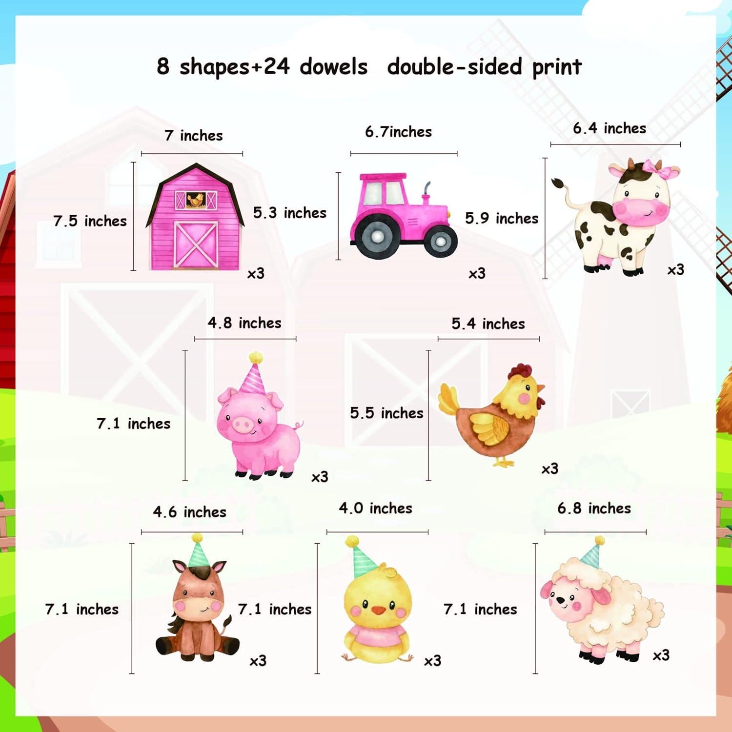 Palillos de Centro de Mesa Rosa Animales de Granja 24 Pcs