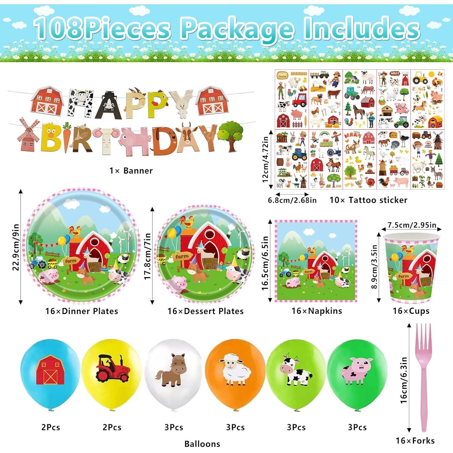 Juego de Suministros de Fiesta de Cumpleaños Animales de Granja 108 Piezas