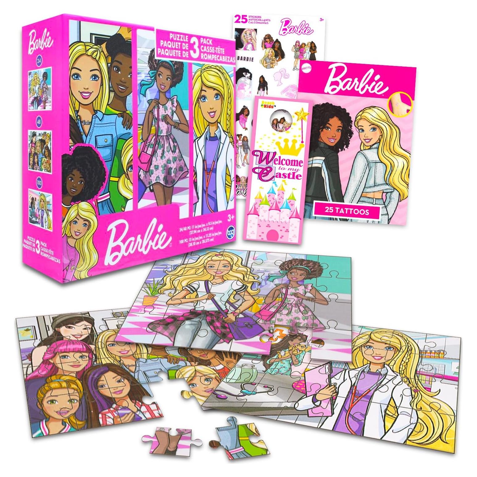Conjunto de Rompecabezas Barbie 24, 48 y 100 Piezas con Stickers