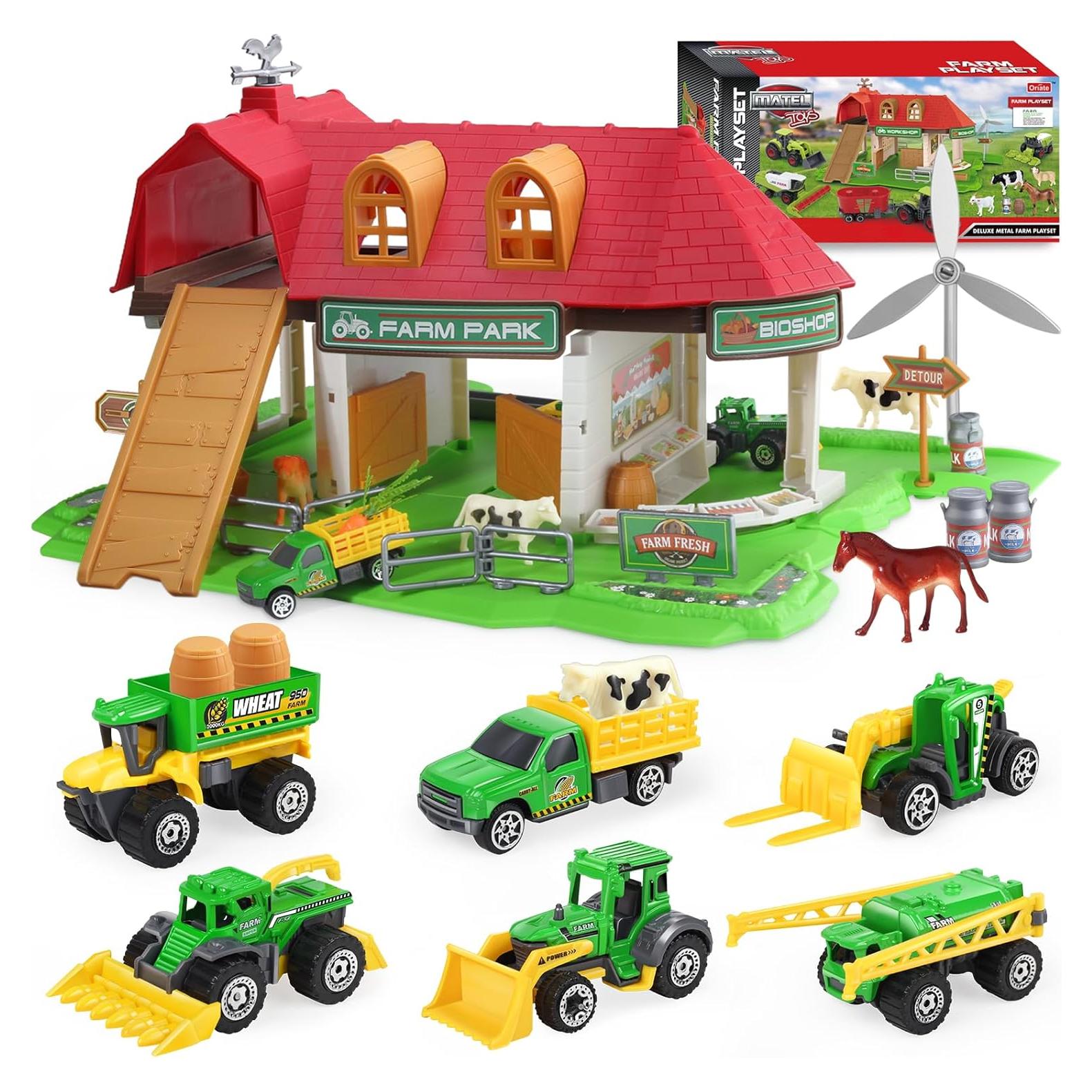 Casa de Granja Roja Oriate con Tractor y Animales 39x35cm