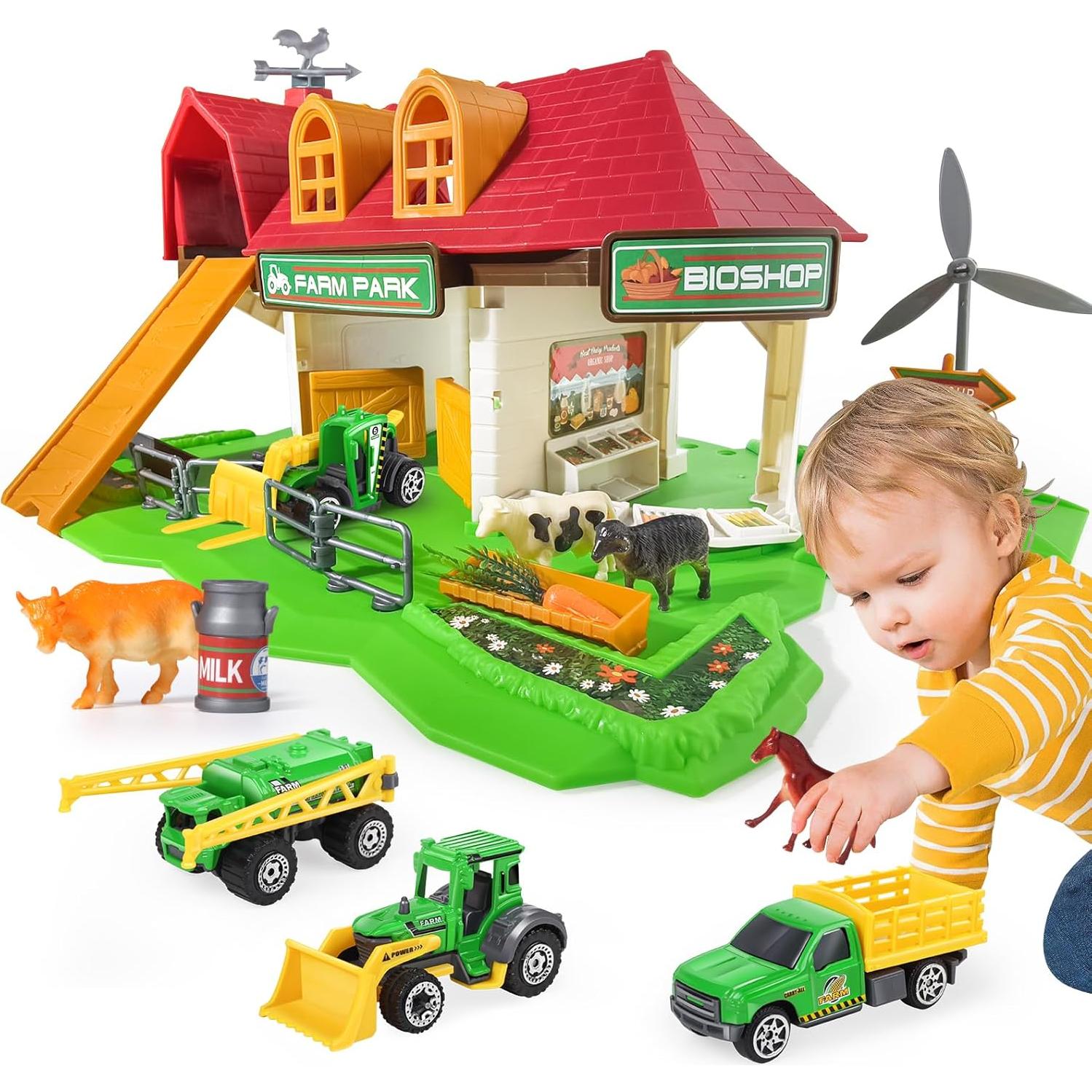 Casa de Granja Roja Oriate con Tractor y Animales 39x35cm