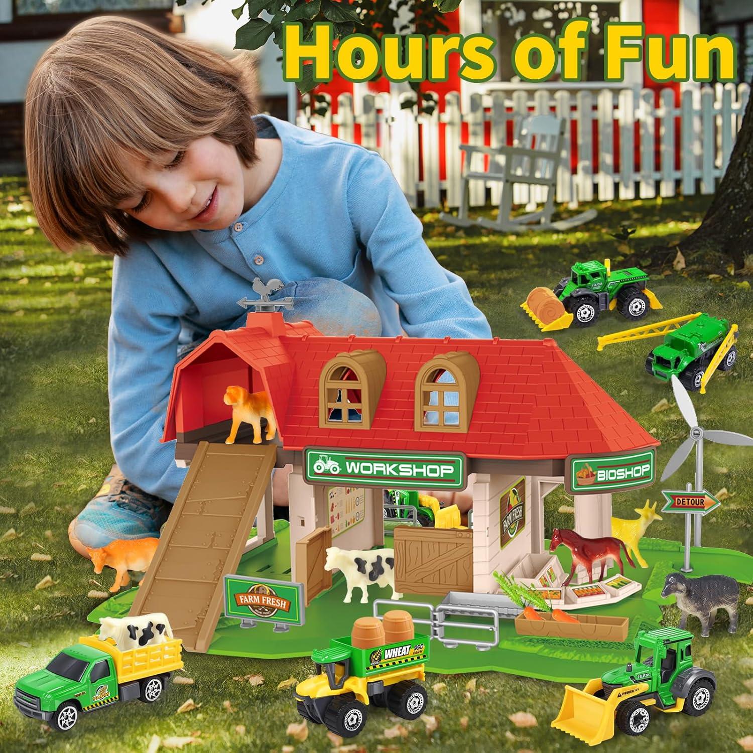 Casa de Granja Roja Oriate con Tractor y Animales 39x35cm