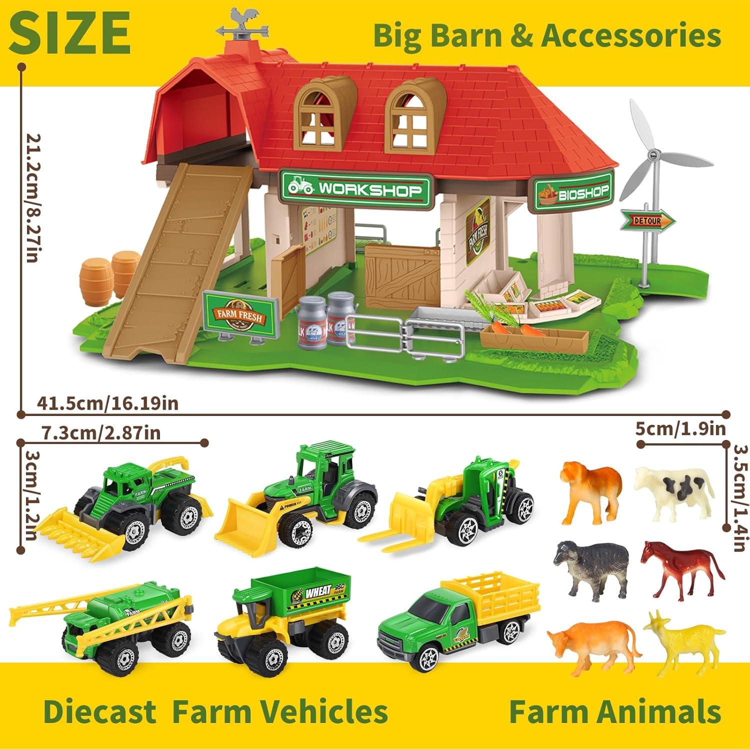 Casa de Granja Roja Oriate con Tractor y Animales 39x35cm