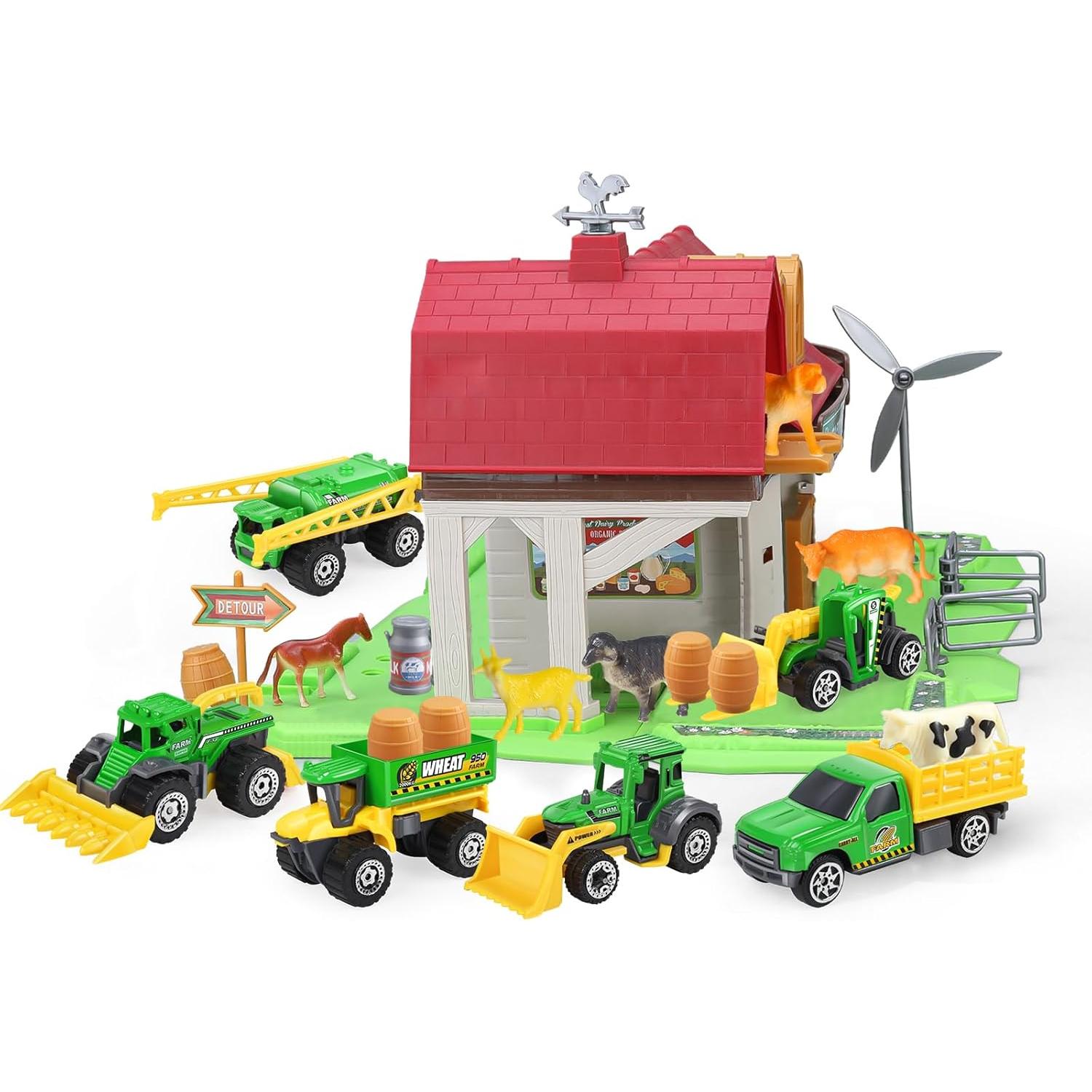 Casa de Granja Roja Oriate con Tractor y Animales 39x35cm