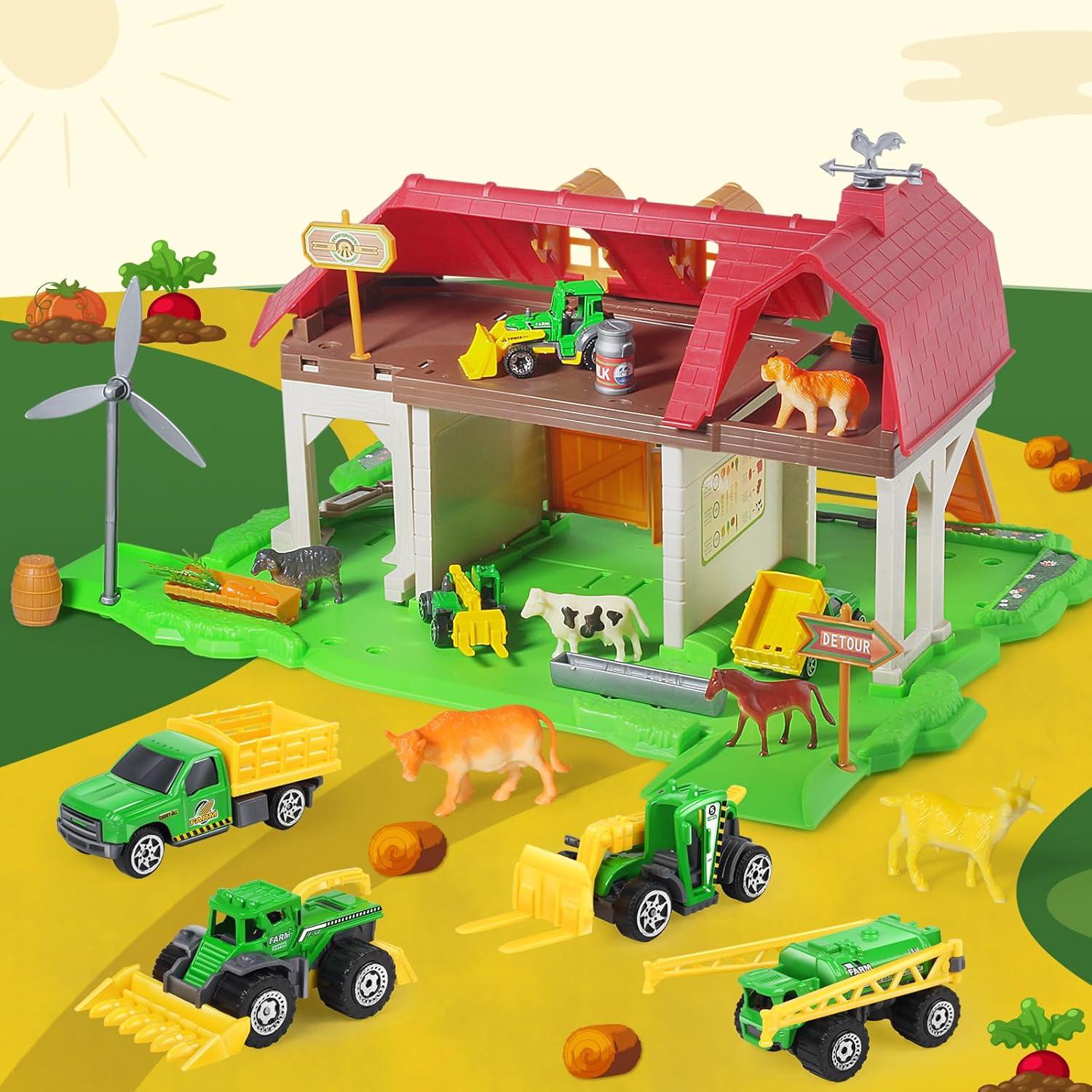 Casa de Granja Roja Oriate con Tractor y Animales 39x35cm