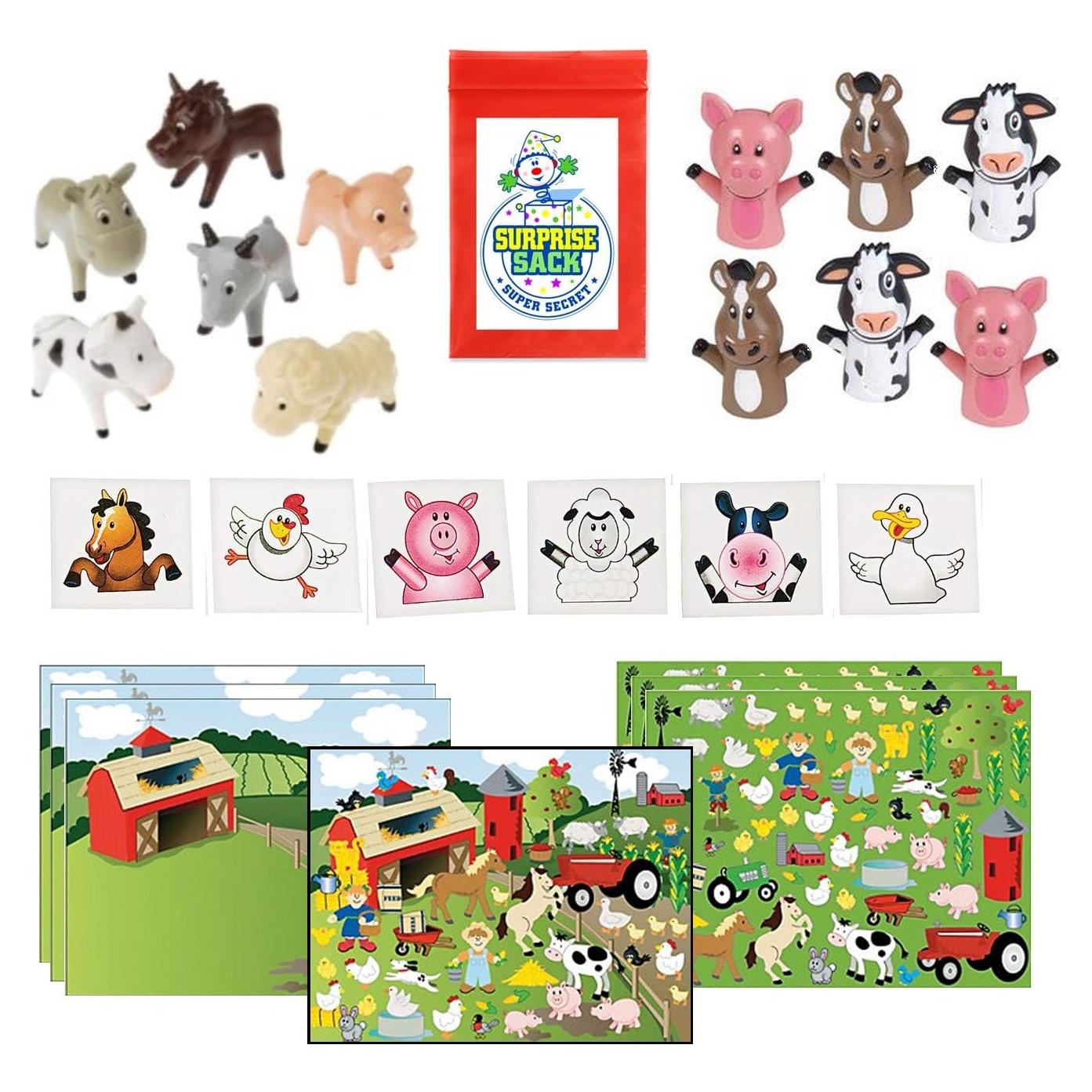 Paquete Fiesta Granja 108 Piezas - Tatuajes, Figuras y Pegatinas