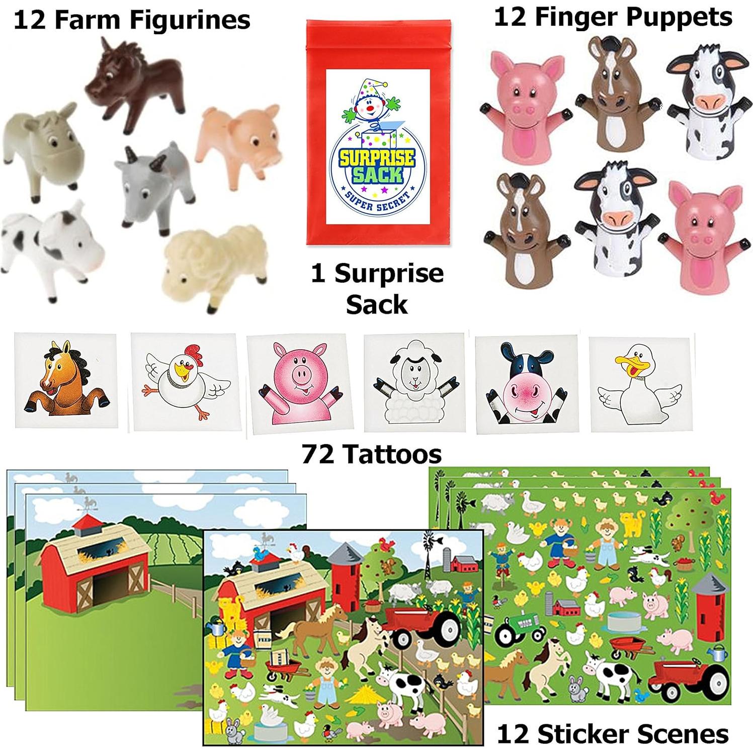 Paquete Fiesta Granja 108 Piezas - Tatuajes, Figuras y Pegatinas