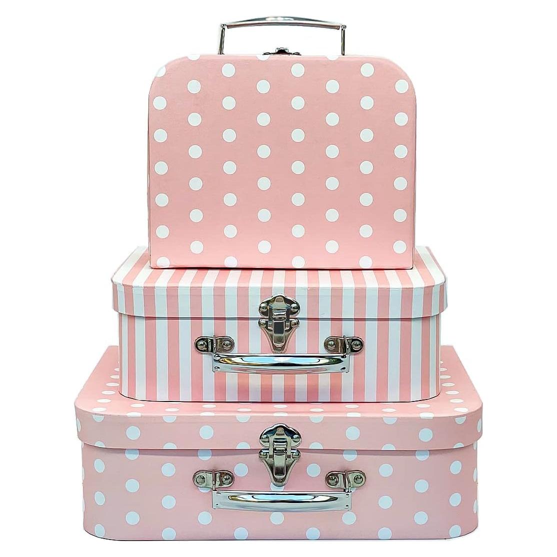Juego de 3 Maletas de Cartón Amedoo Puntos y Rayas Rosas