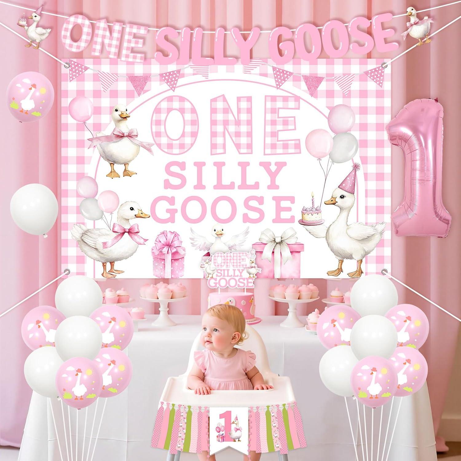 Decoración de Primer Cumpleaños Ganso Tonto Rosa Wonmelody