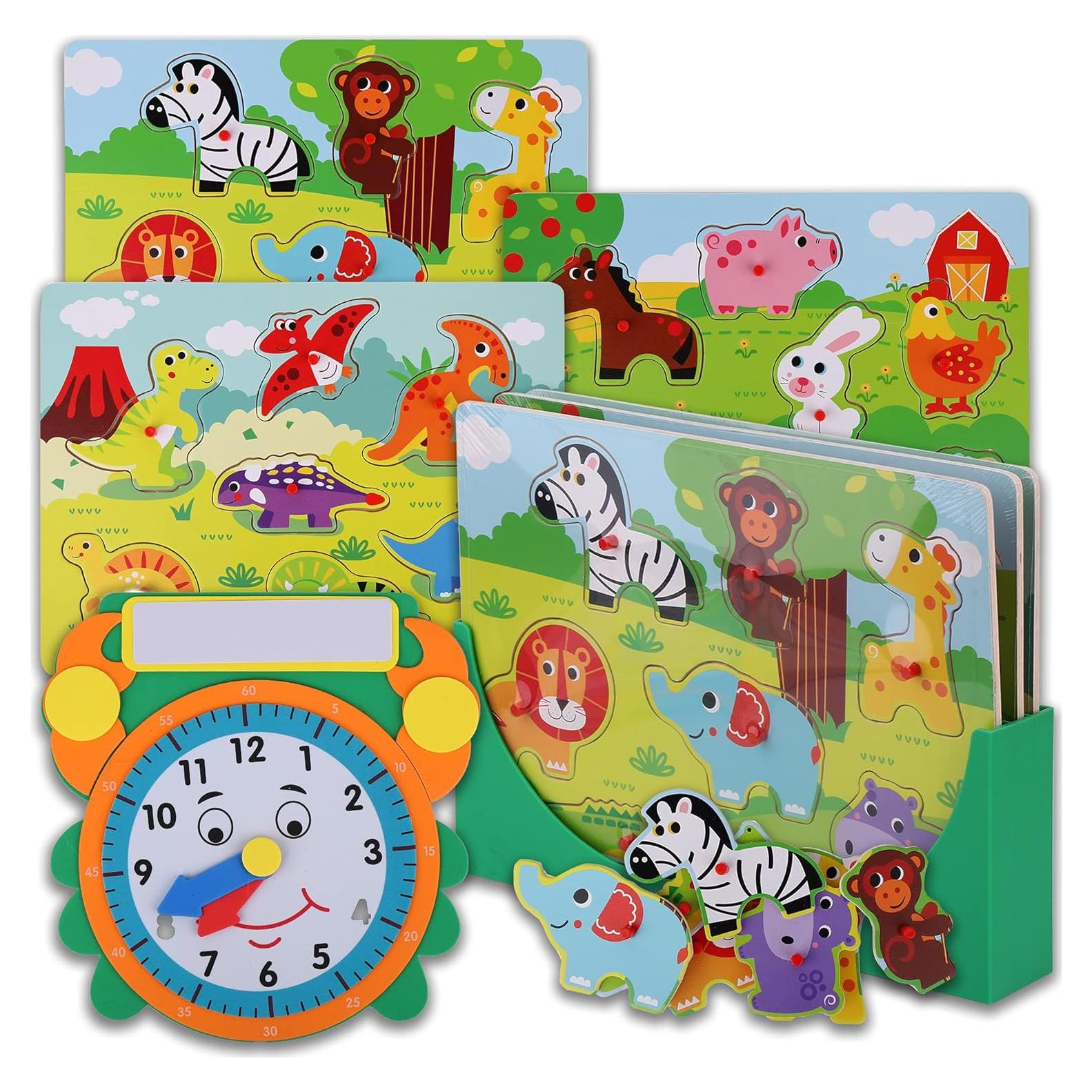 Juego de Rompecabezas de Madera 3 en 1 con Estante y Reloj