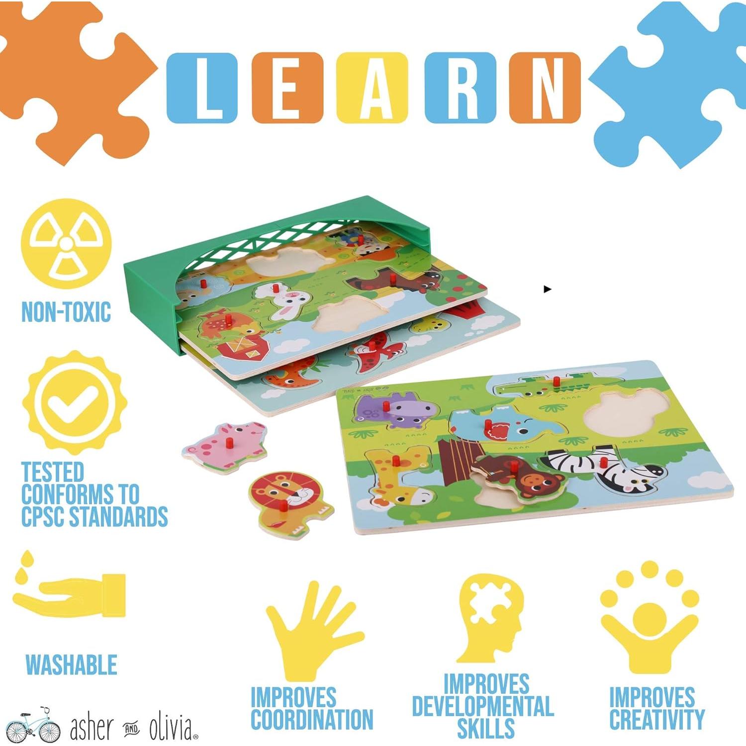 Juego de Rompecabezas de Madera 3 en 1 con Estante y Reloj