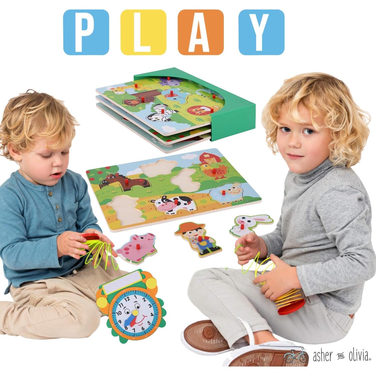 Juego de Rompecabezas de Madera 3 en 1 con Estante y Reloj