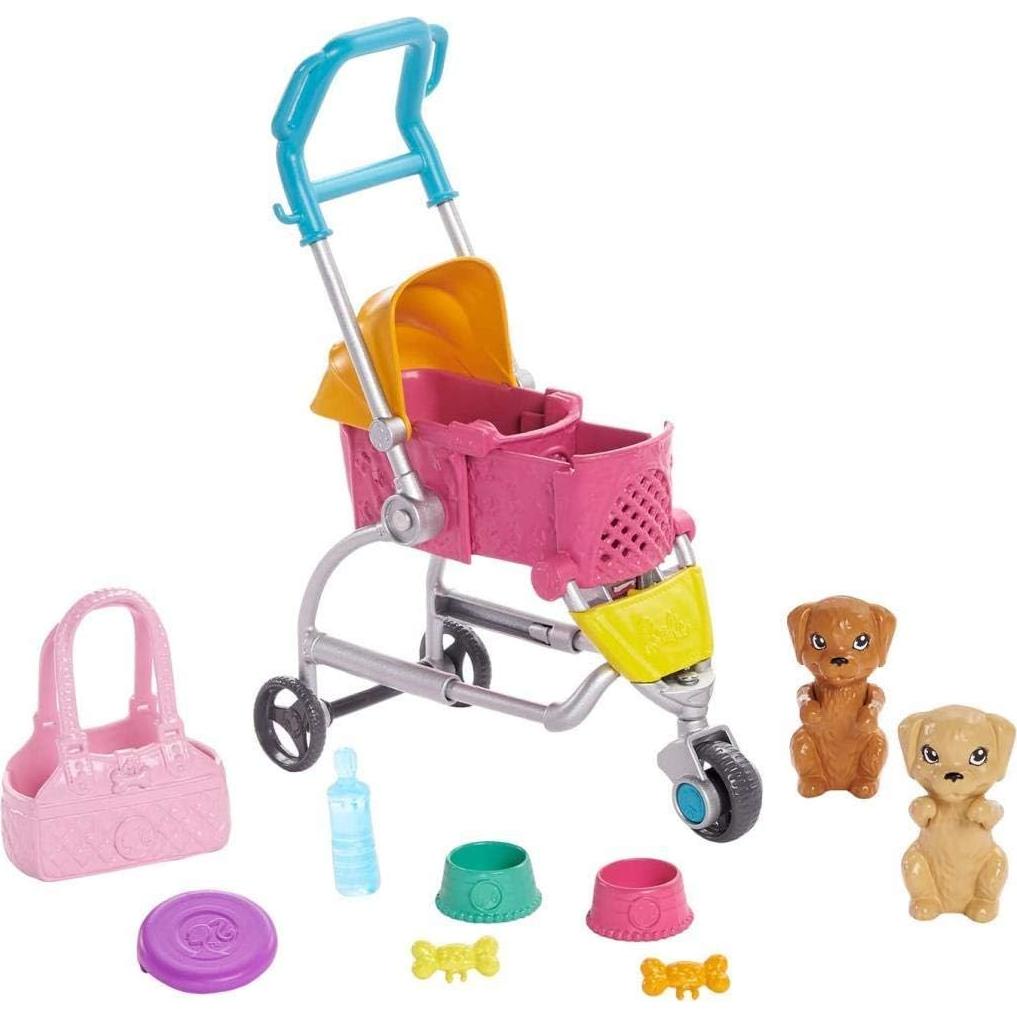 Set de Juego Paseo y Juego Barbie con Cochecito y 2 Cachorros