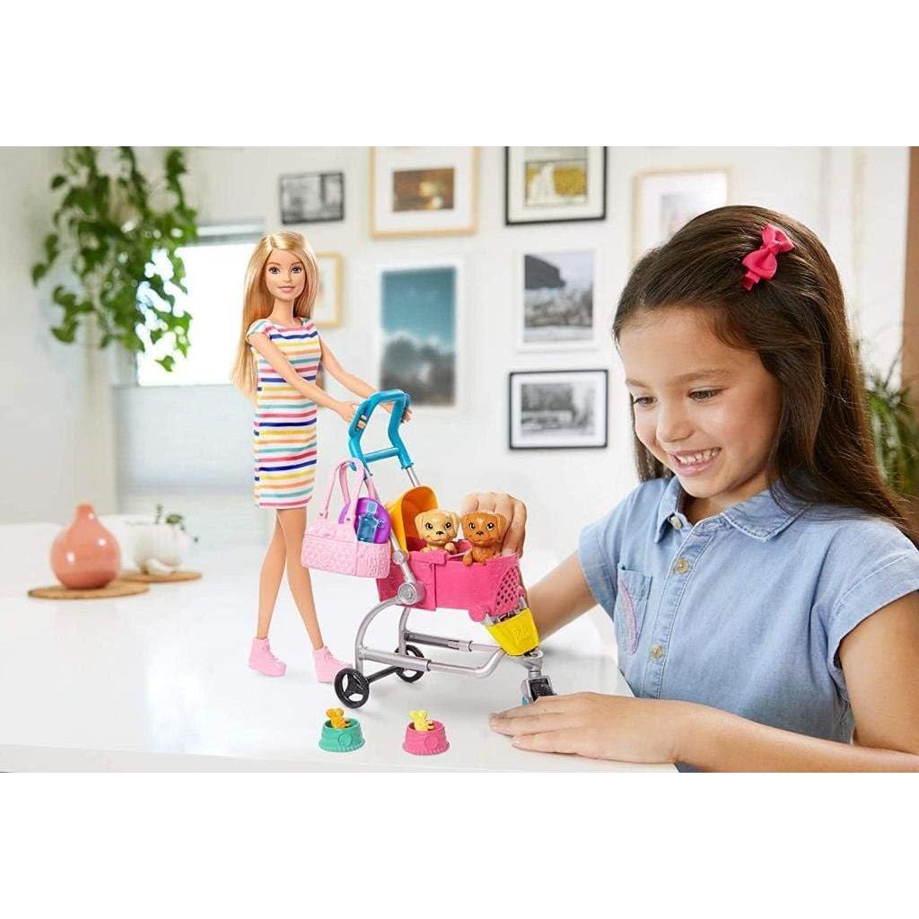 Set de Juego Paseo y Juego Barbie con Cochecito y 2 Cachorros