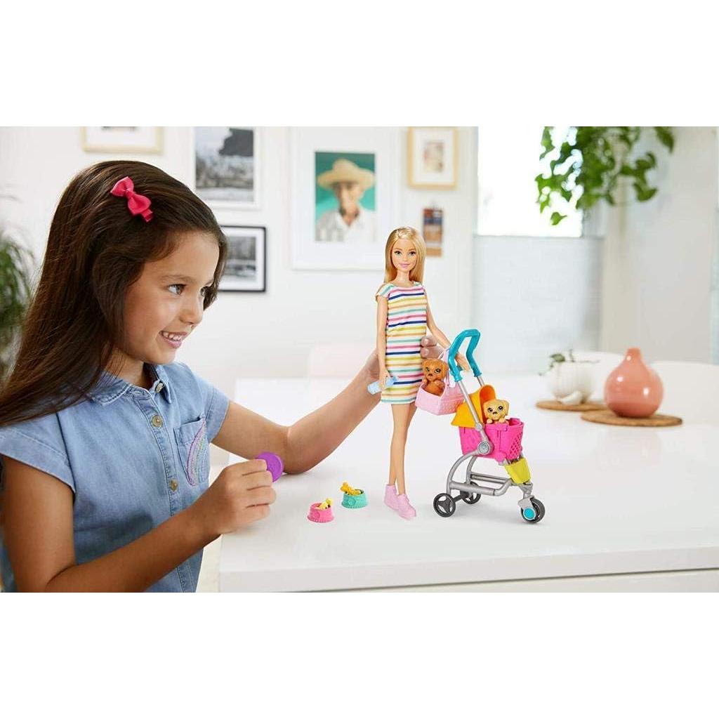 Set de Juego Paseo y Juego Barbie con Cochecito y 2 Cachorros