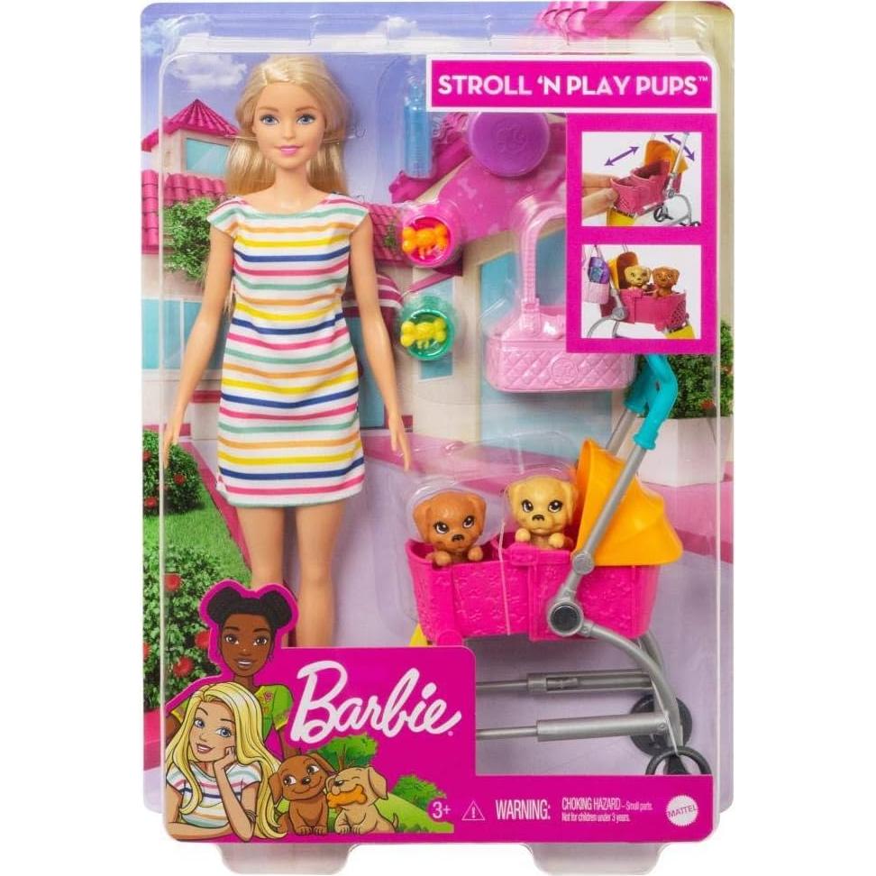 Set de Juego Paseo y Juego Barbie con Cochecito y 2 Cachorros