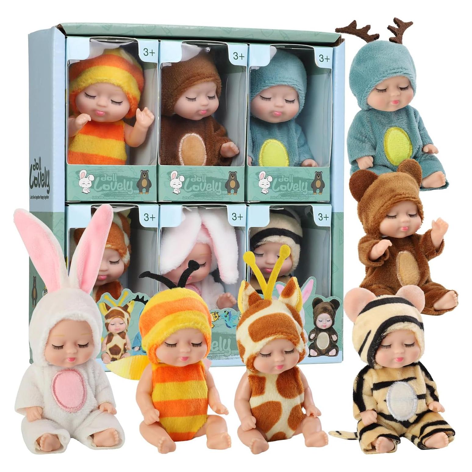 Muñecas Mini Bebé 10 cm Set de 6 Piezas Ropa de Animales