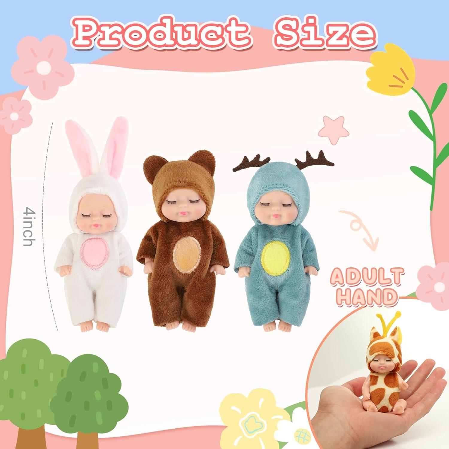 Muñecas Mini Bebé 10 cm Set de 6 Piezas Ropa de Animales