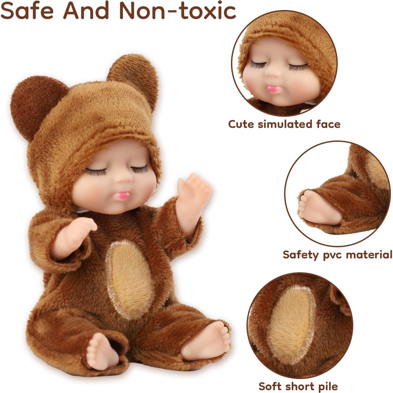 Muñecas Mini Bebé 10 cm Set de 6 Piezas Ropa de Animales