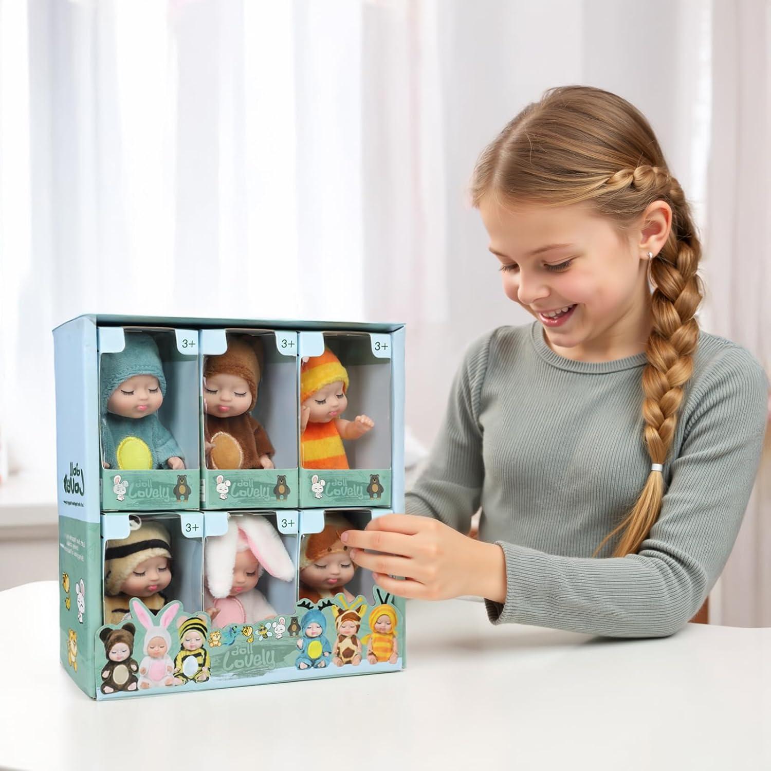 Muñecas Mini Bebé 10 cm Set de 6 Piezas Ropa de Animales