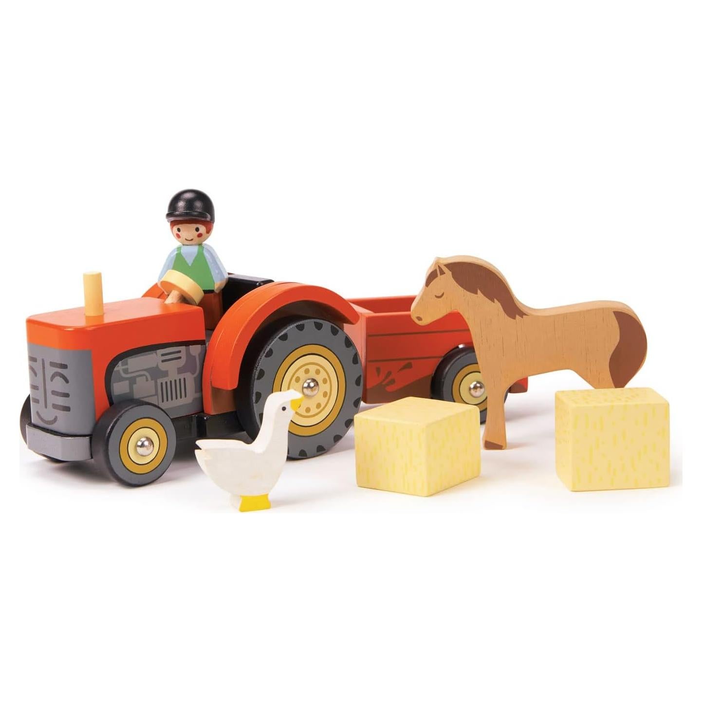 Tractor de Granja de Madera Tender Leaf Toys con Remolque 24x10x11cm
