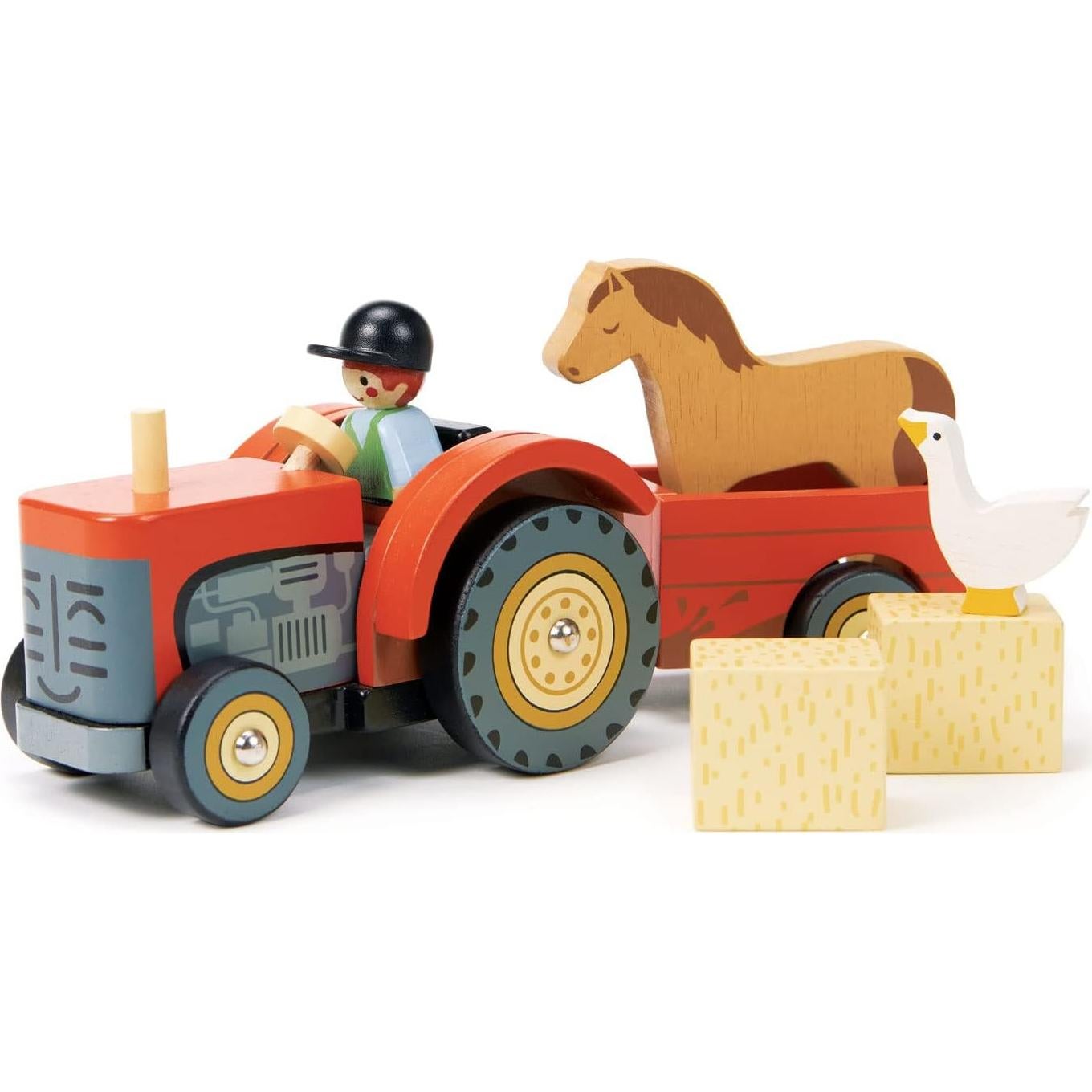 Tractor de Granja de Madera Tender Leaf Toys con Remolque 24x10x11cm