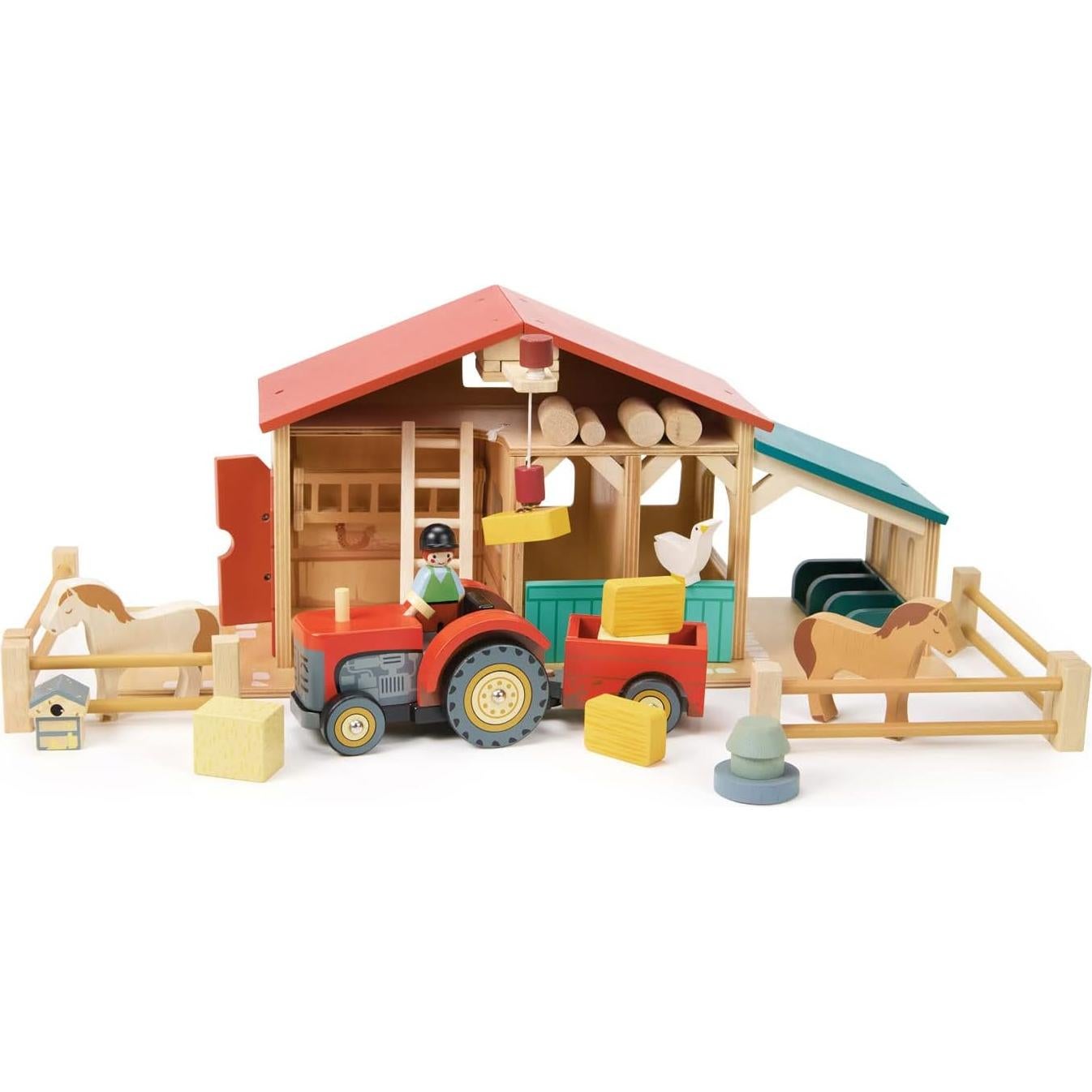 Tractor de Granja de Madera Tender Leaf Toys con Remolque 24x10x11cm