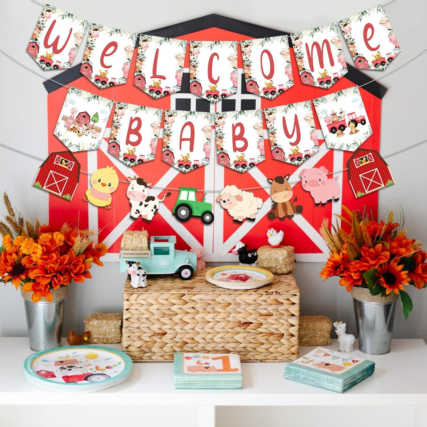 Banner Baby Shower Animales de Granja Cheereveal Rojo y Azul