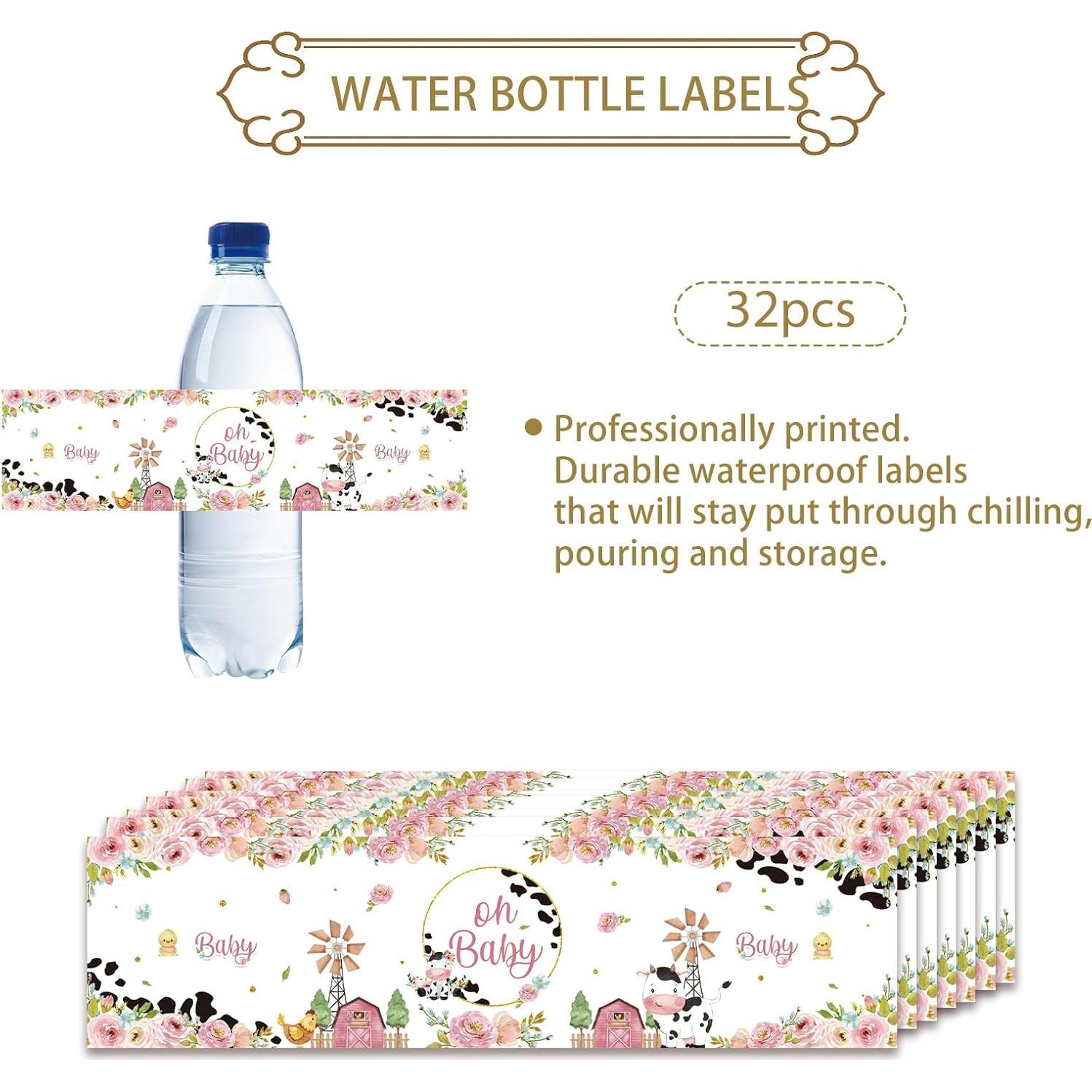 32 Etiquetas de Botellas de Agua Rosa Vaca Oh Bebé ROSTYAKZ