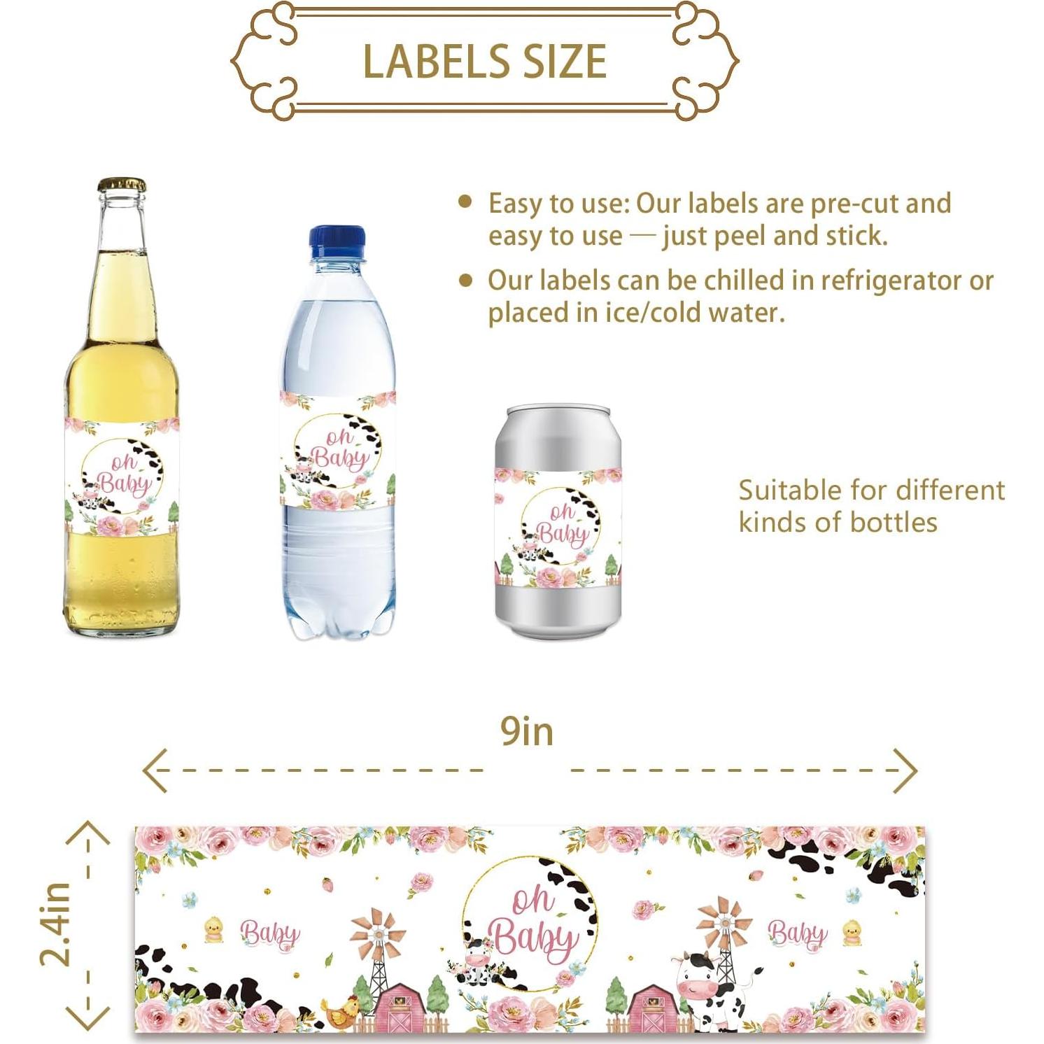 32 Etiquetas de Botellas de Agua Rosa Vaca Oh Bebé ROSTYAKZ