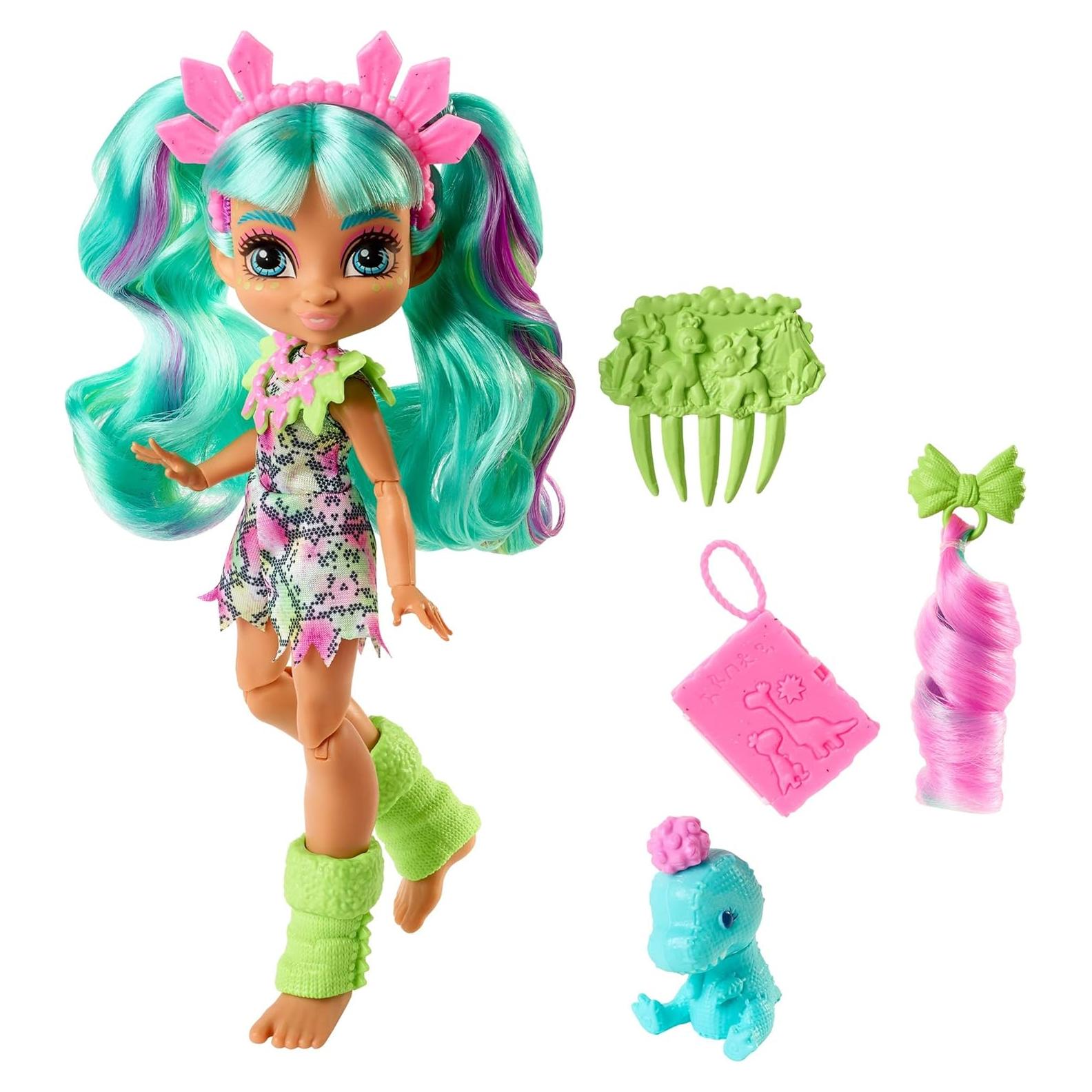 Muñeca Rockelle Cave Club Mattel 25.4 cm con dinosaurio y accesorios