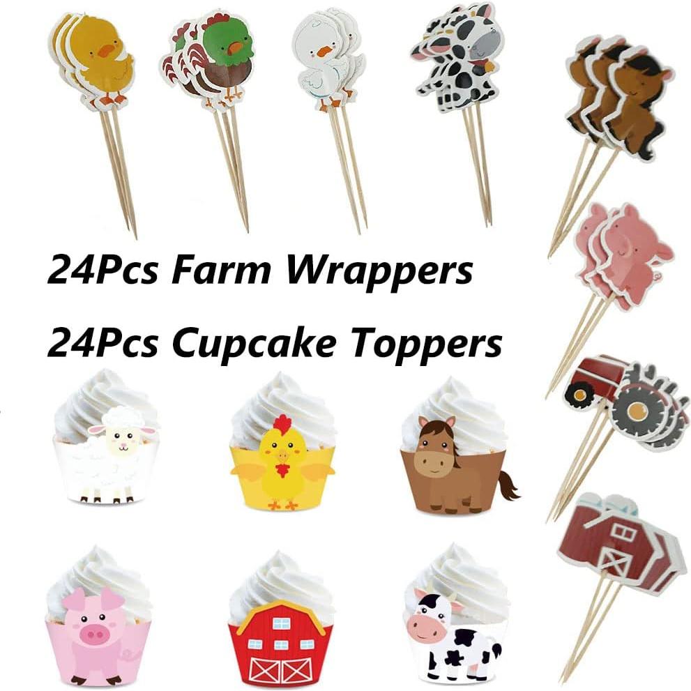 48 Fundas y Decoraciones de Cupcakes Animales de Granja