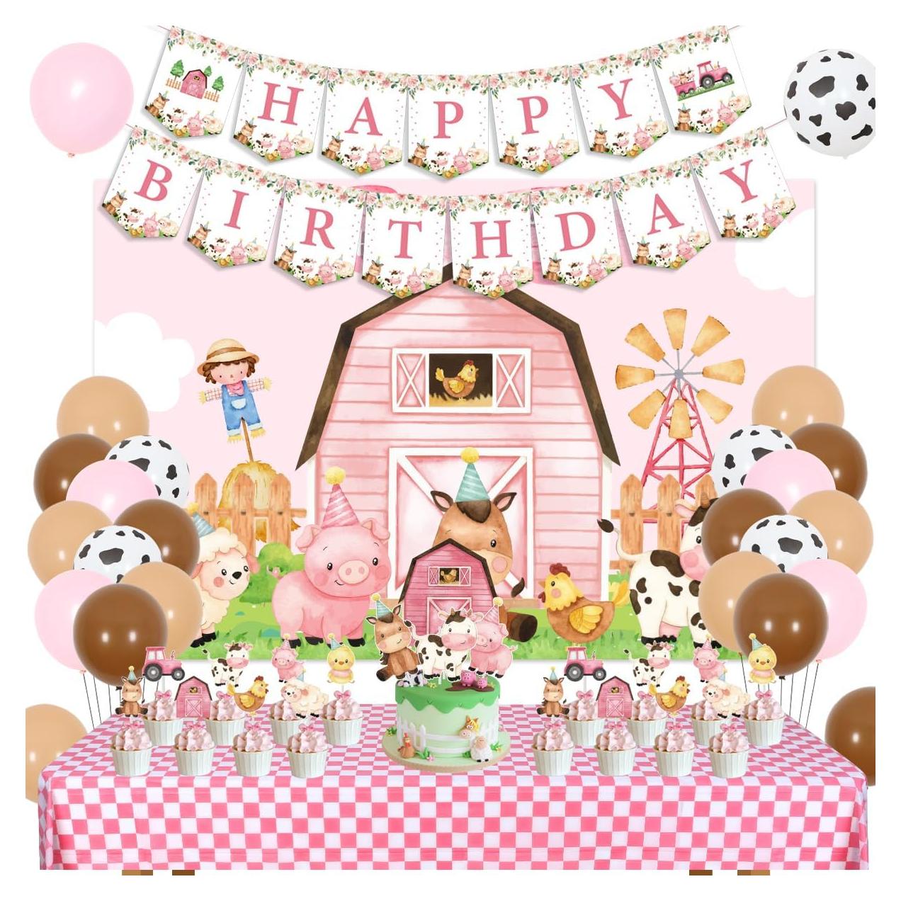 Decoraciones de Cumpleaños de Animales de Granja Rosa - Kreatwow