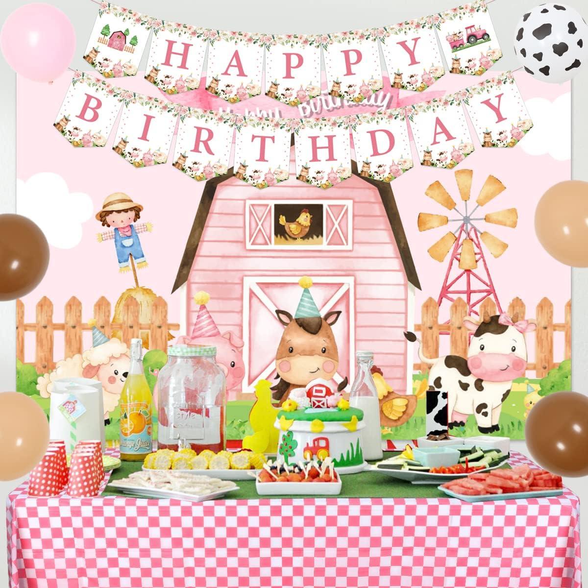 Decoraciones de Cumpleaños de Animales de Granja Rosa - Kreatwow