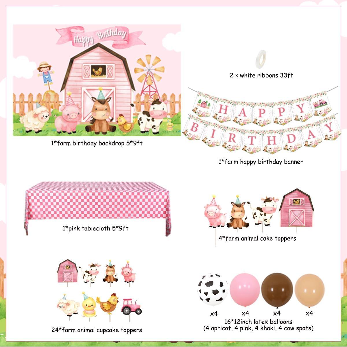Decoraciones de Cumpleaños de Animales de Granja Rosa - Kreatwow