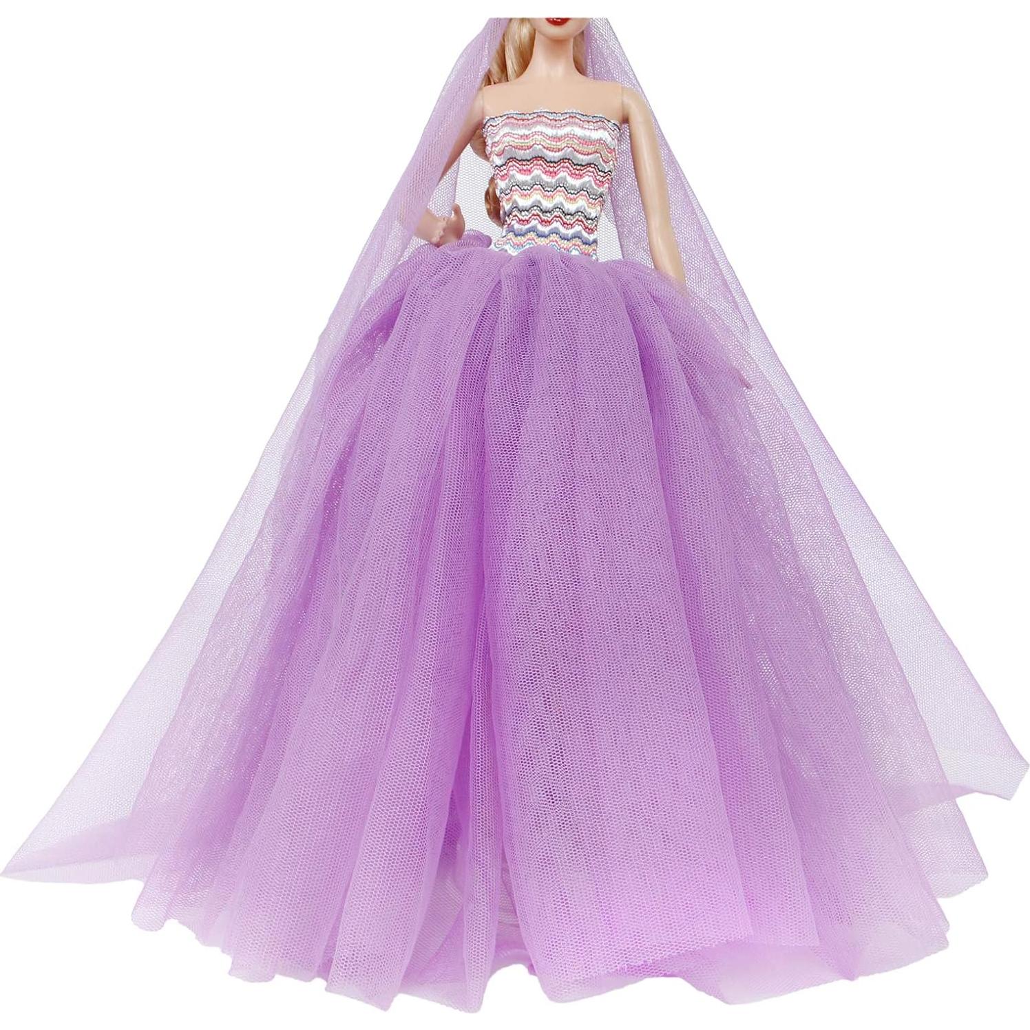 Vestido de boda morado BJDBUS con velo para muñeca 29 cm