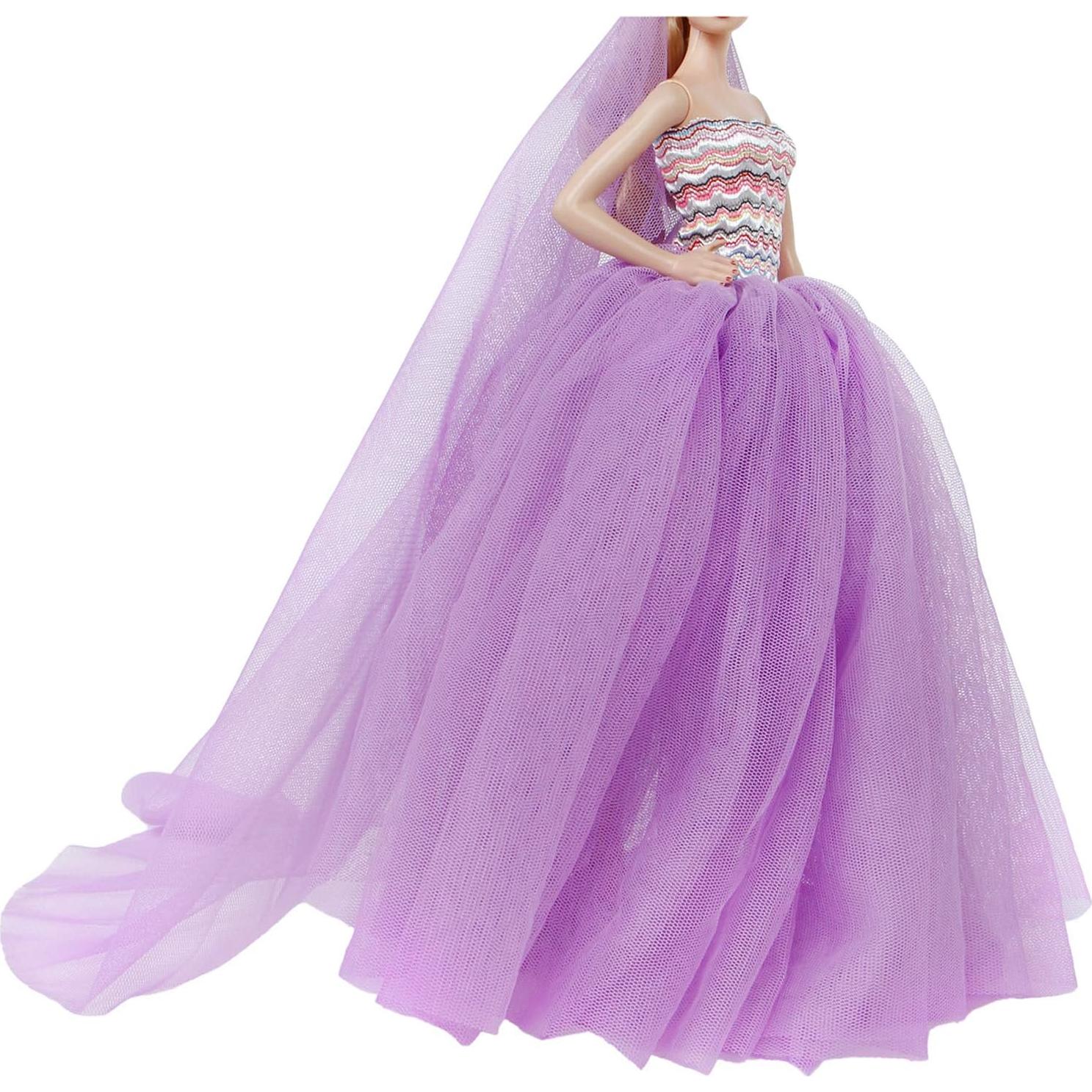Vestido de boda morado BJDBUS con velo para muñeca 29 cm