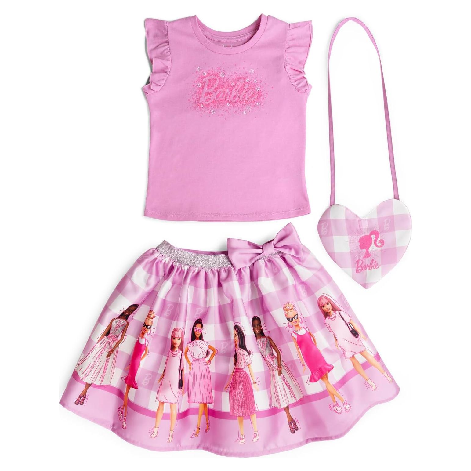 Conjunto 3 Piezas Barbie Niñas Camiseta, Falda y Bolso