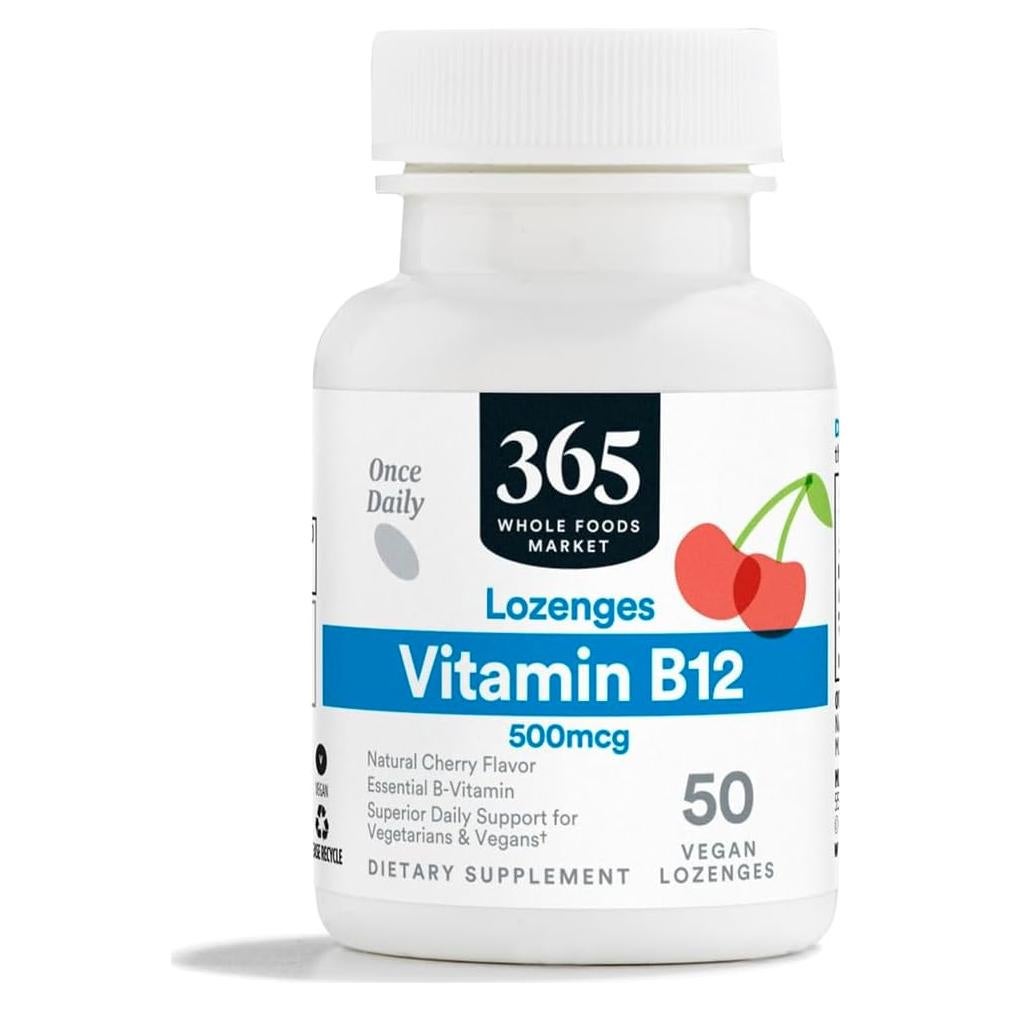 Pastillas de Vitamina B12 500mcg 365 Whole Foods, Sabor Cereza, Vegano, 50 Unidades