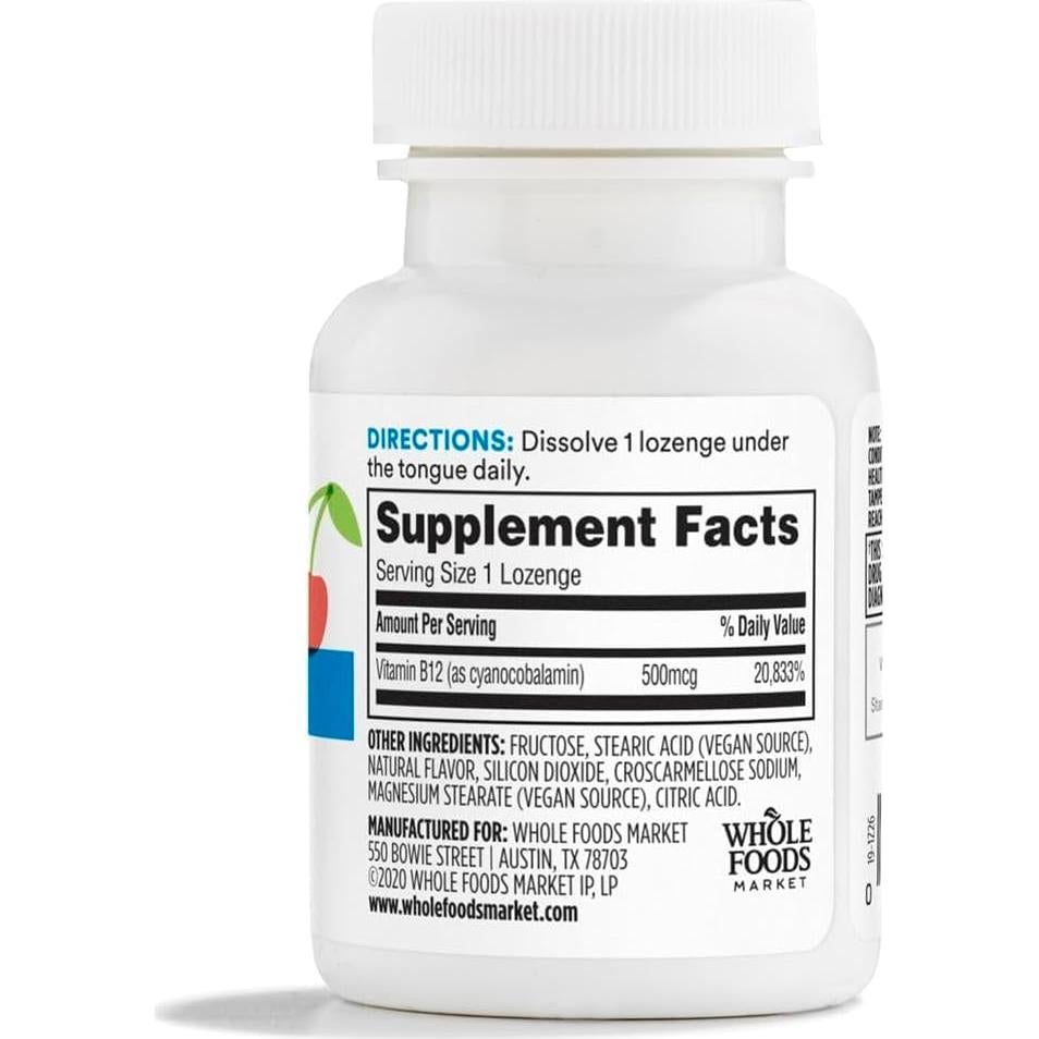 Pastillas de Vitamina B12 500mcg 365 Whole Foods, Sabor Cereza, Vegano, 50 Unidades